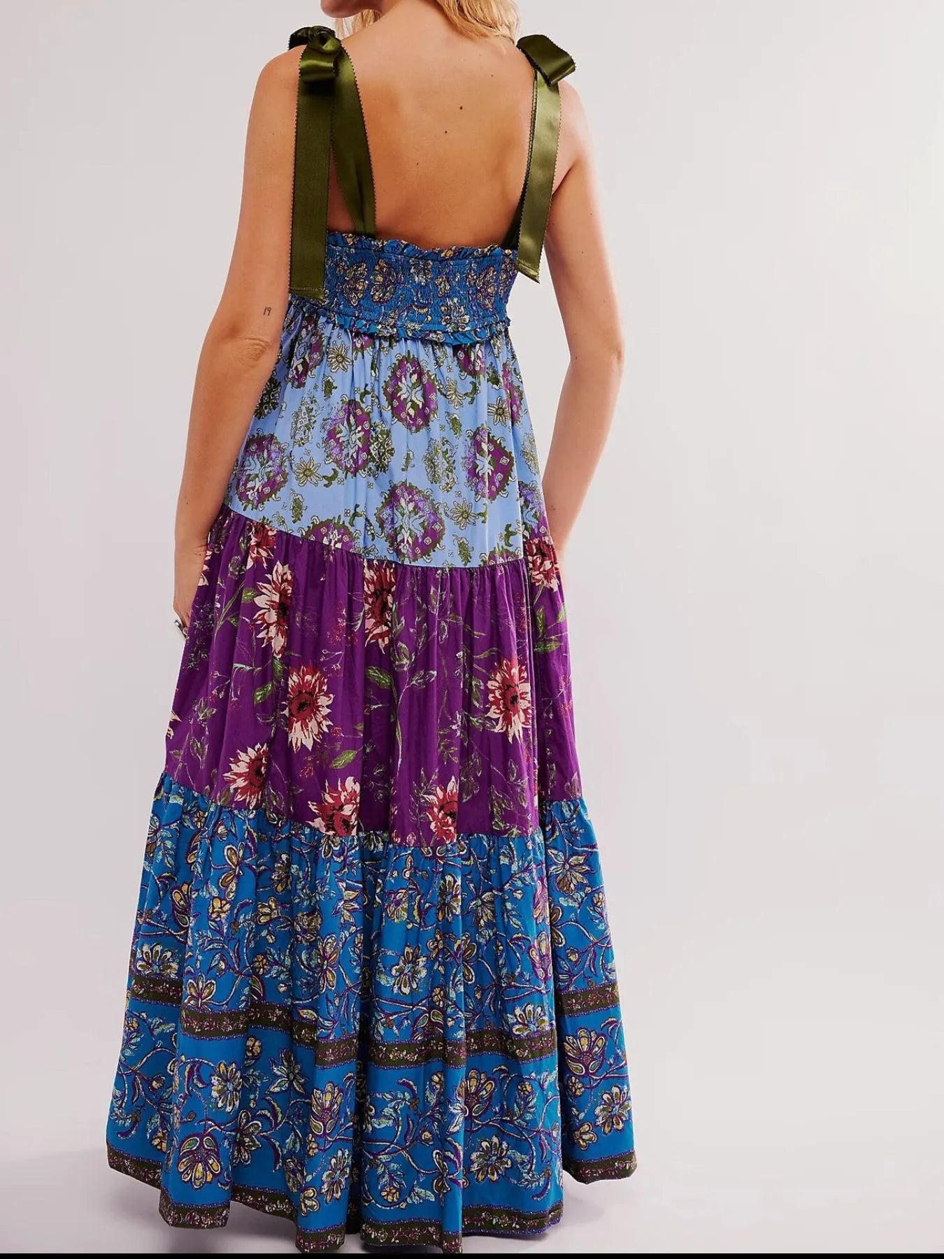 Smocked Printed Tie Shoulder Maxi Dress