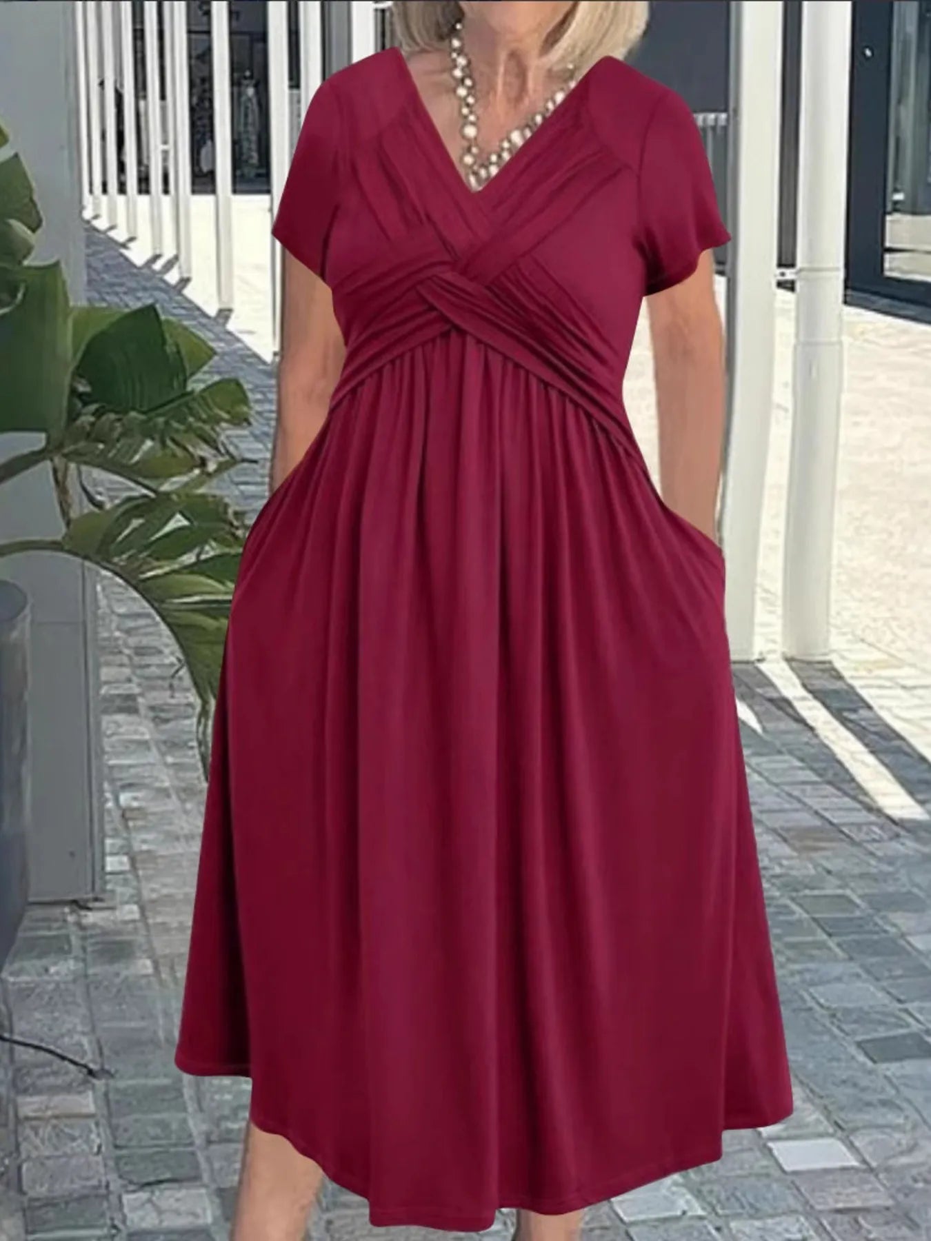 V-Neck Short Sleeve Midi Dress