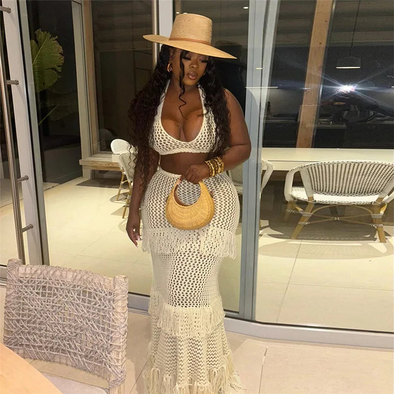 Knitted Crochet 2 Piece Skirt Sets Sexy Ruffle Elegant Fringe Tassel Dress 2024 Summer Outfits Crop Top Two Piece Skirt Sets