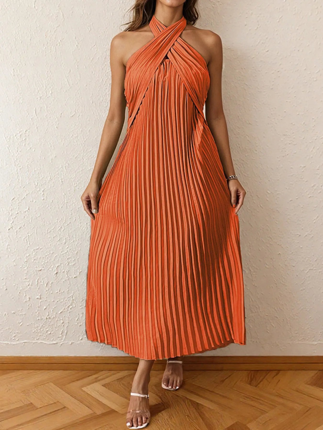 Pleated Halter Neck Midi Dress