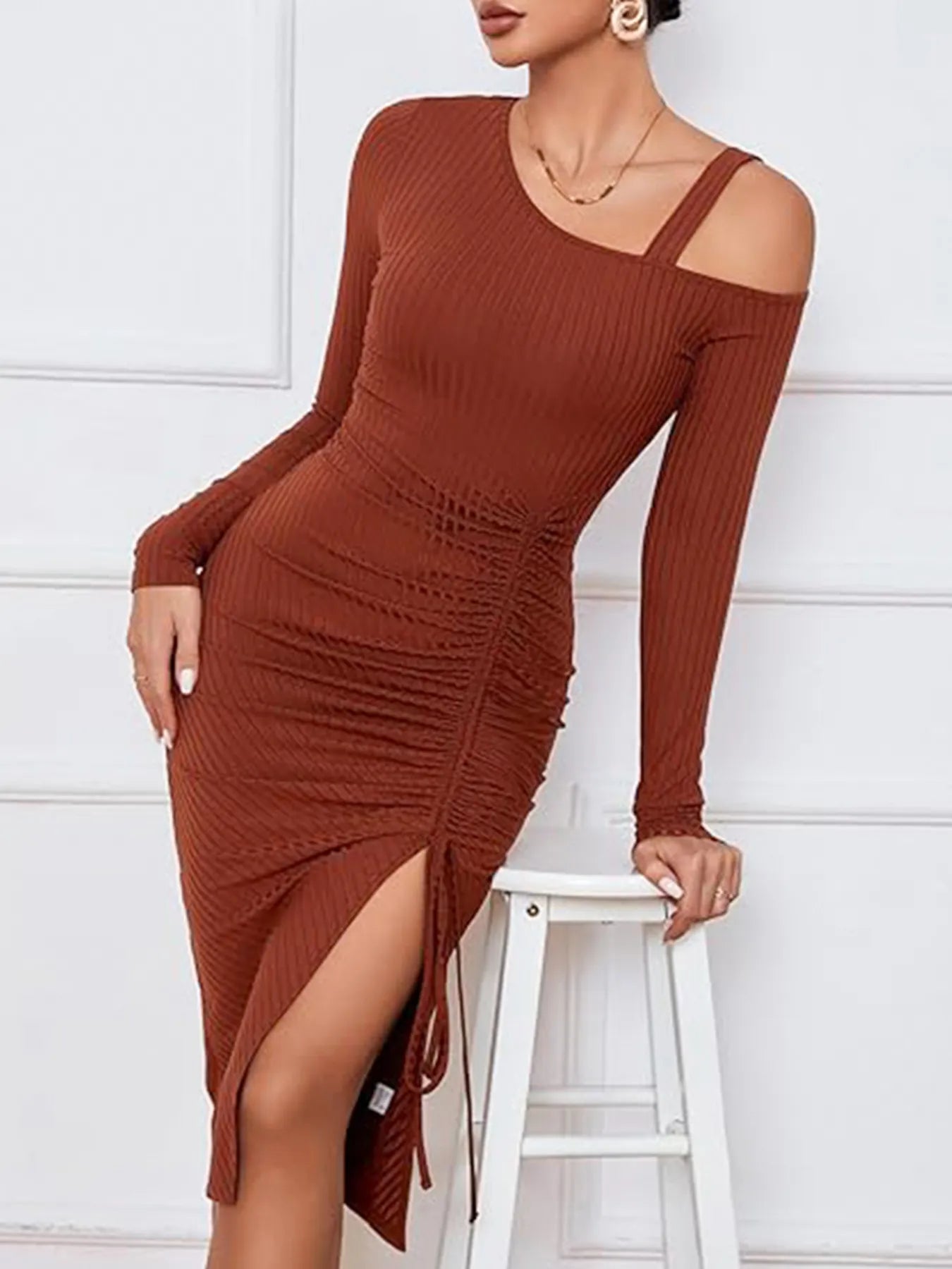 Ruched Asymmetrical Neck Ribbed Bodycon Dress