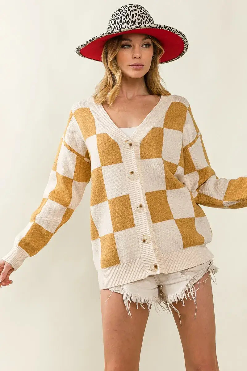 BiBi Checkered V Neck Cardigan Mustard Cream Pattern