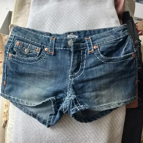 Women's retro Summer casual Buddha statue denim shorts Y2K sexy hot pants high waisted pocket embroidered street mini shorts