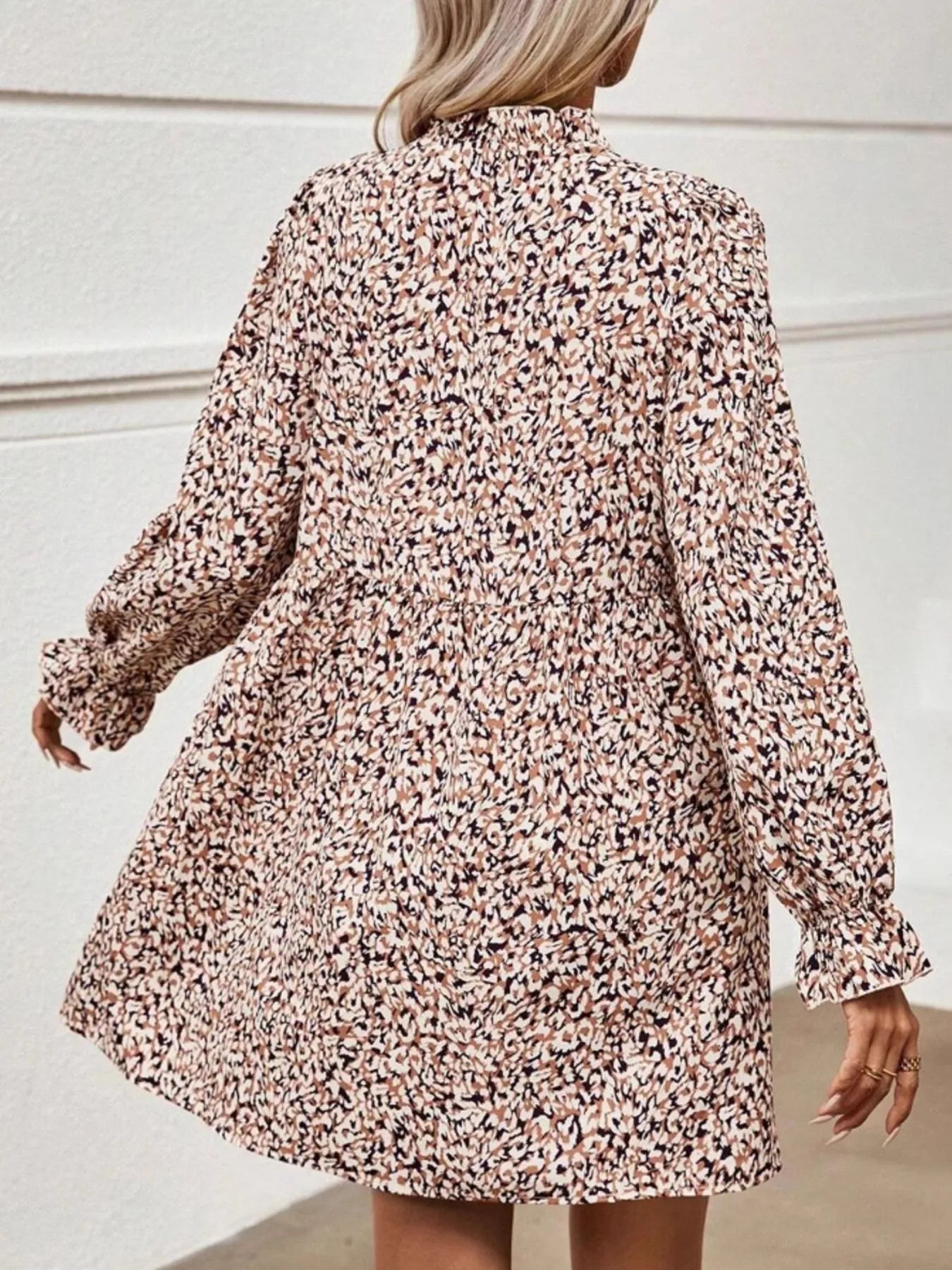 Printed Notched Flounce Sleeve Dress