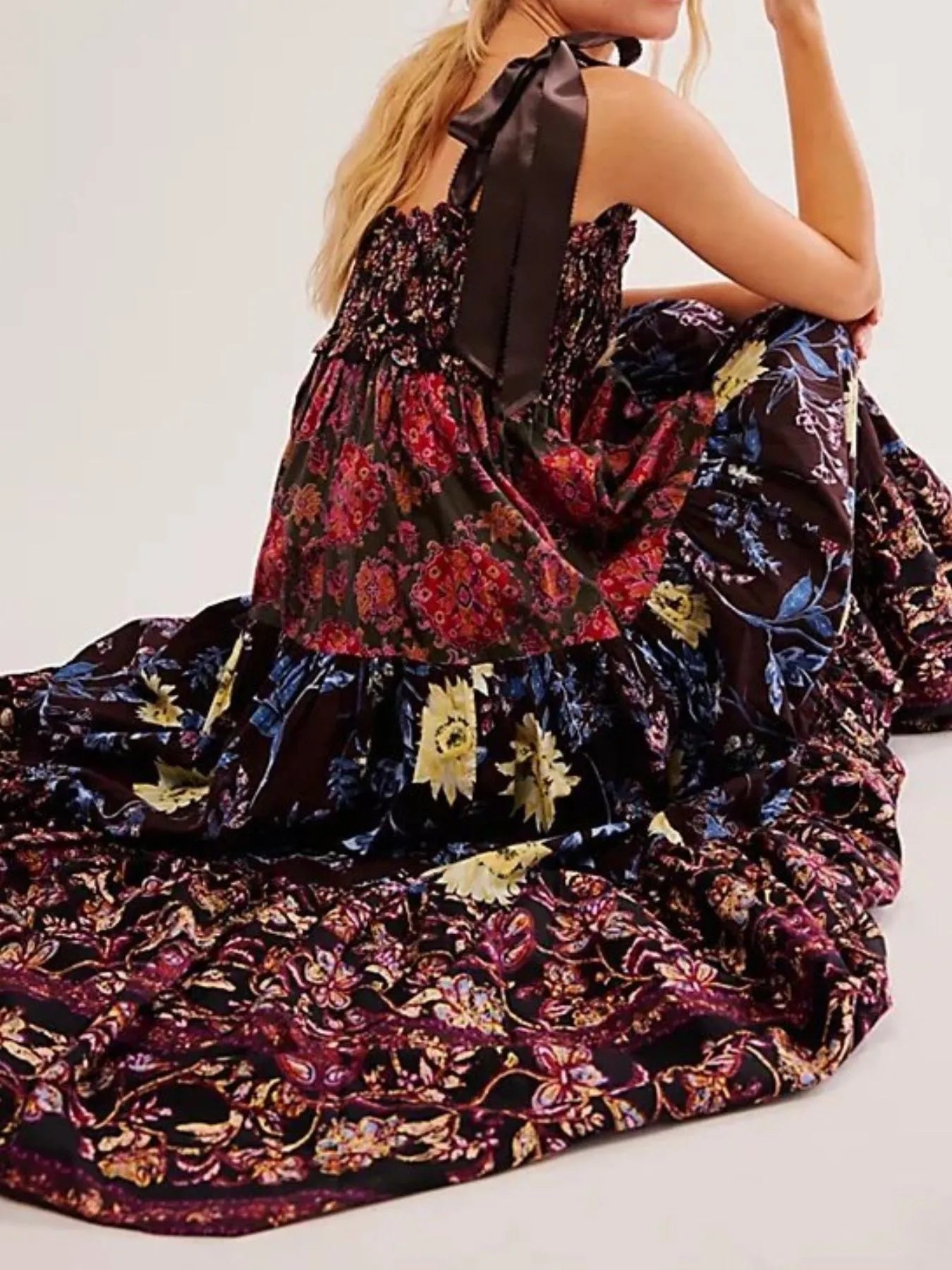 Smocked Printed Tie Shoulder Maxi Dress