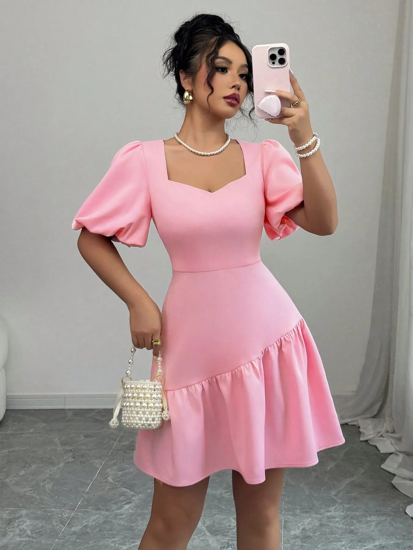 Ruffled Hem Puff Sleeve Mini Dress
