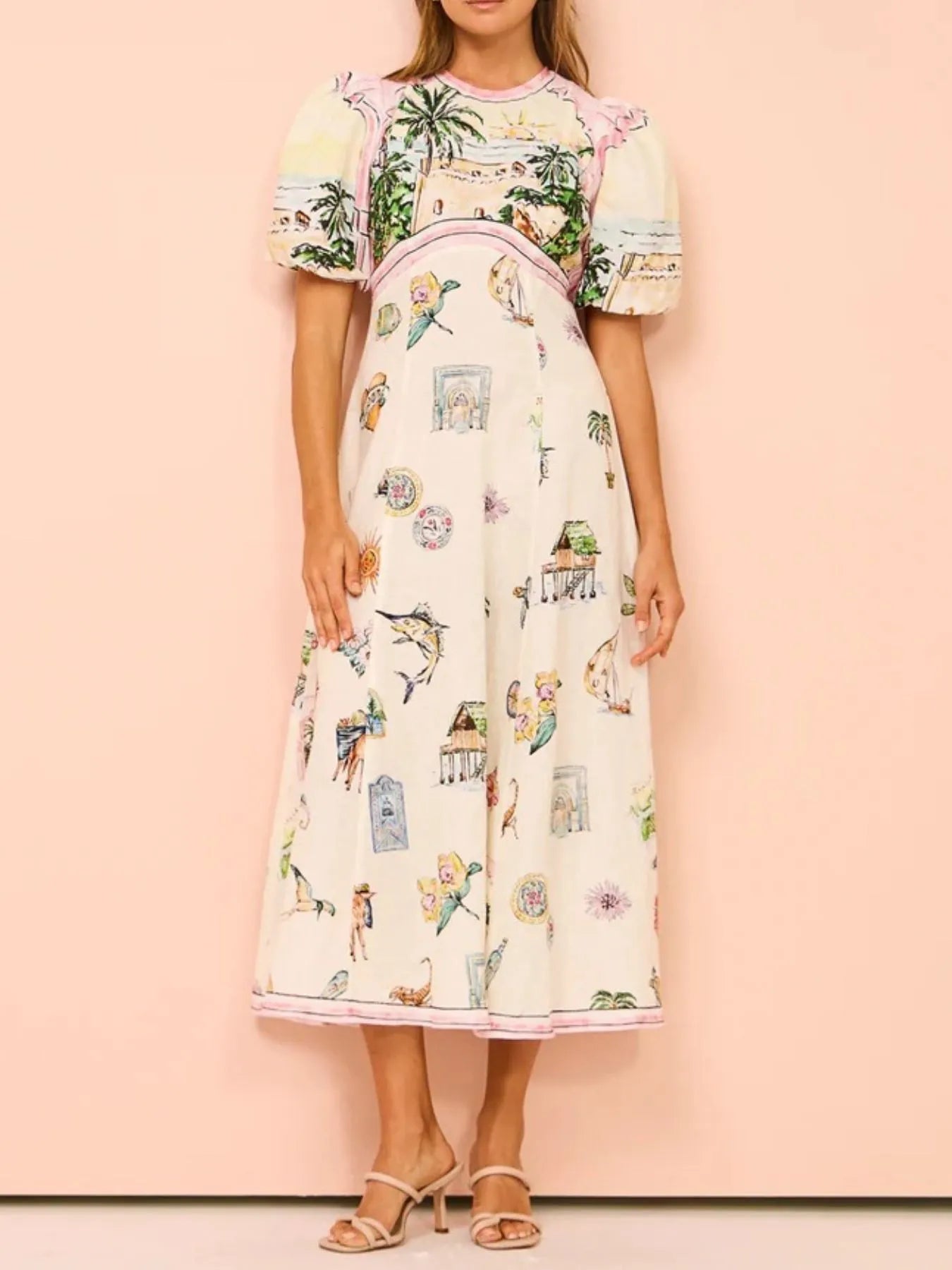 Printed Round Neck Puff Sleeve Midi Dress