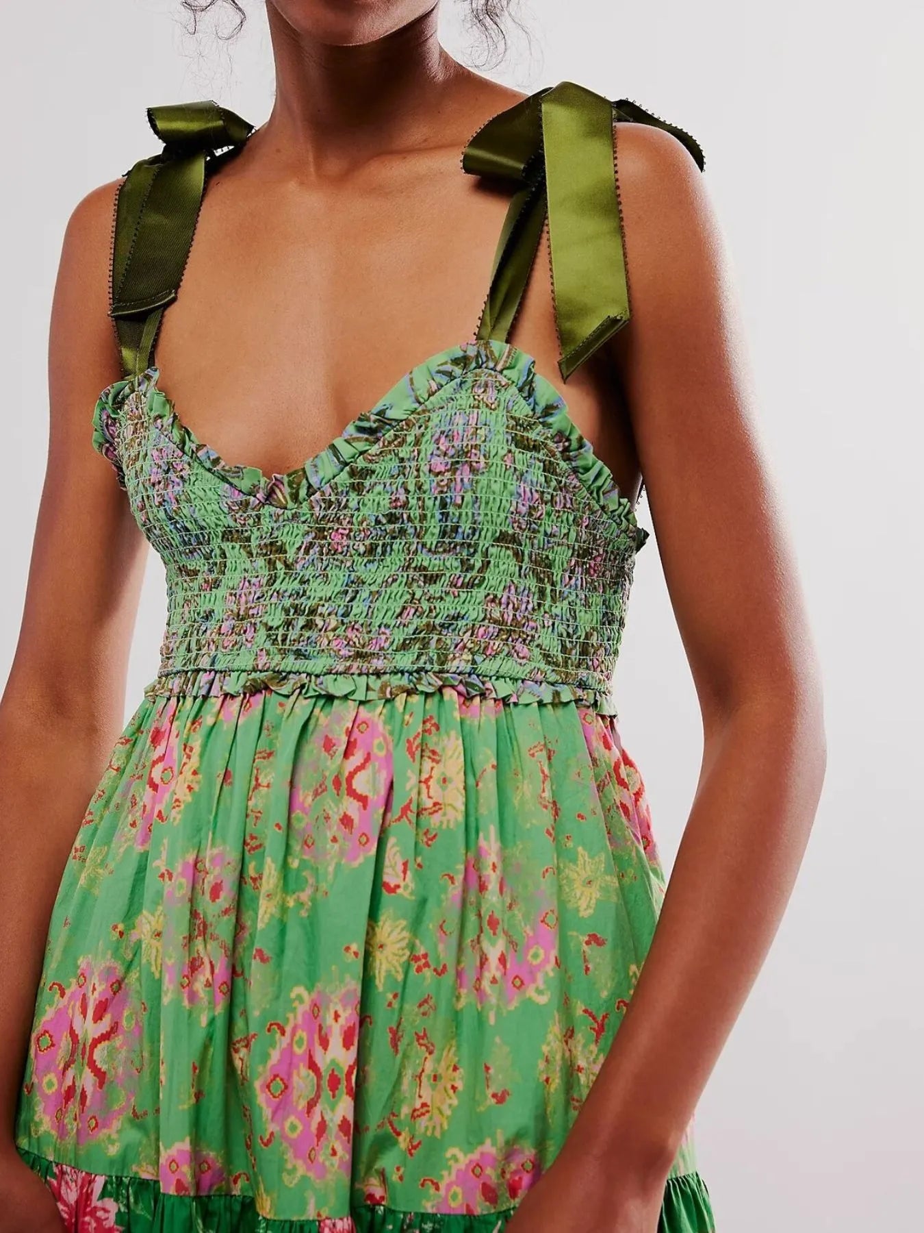 Smocked Printed Tie Shoulder Maxi Dress