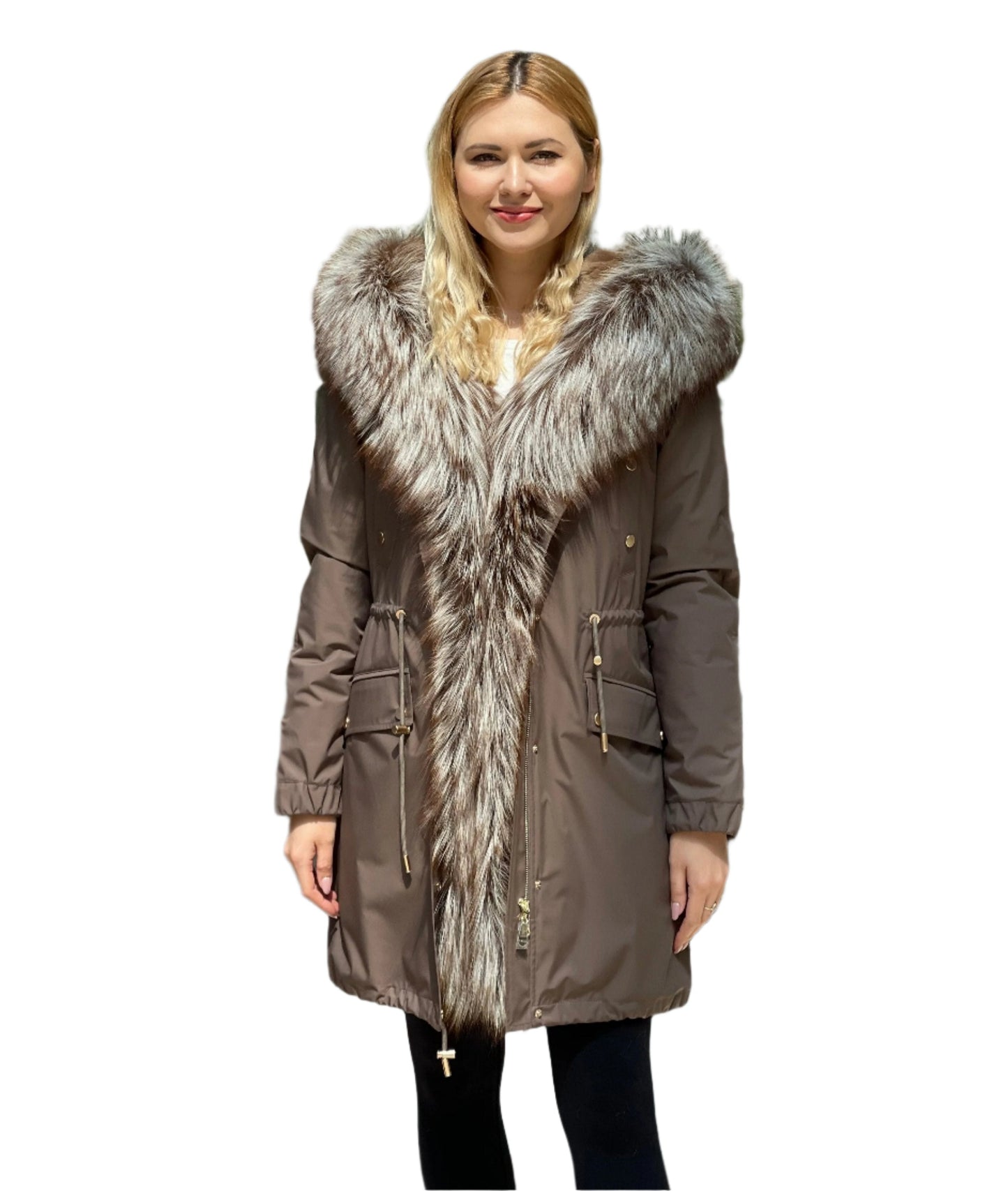 Parka isolée en fourrure de lapin avec bordure en fourrure de renard argenté