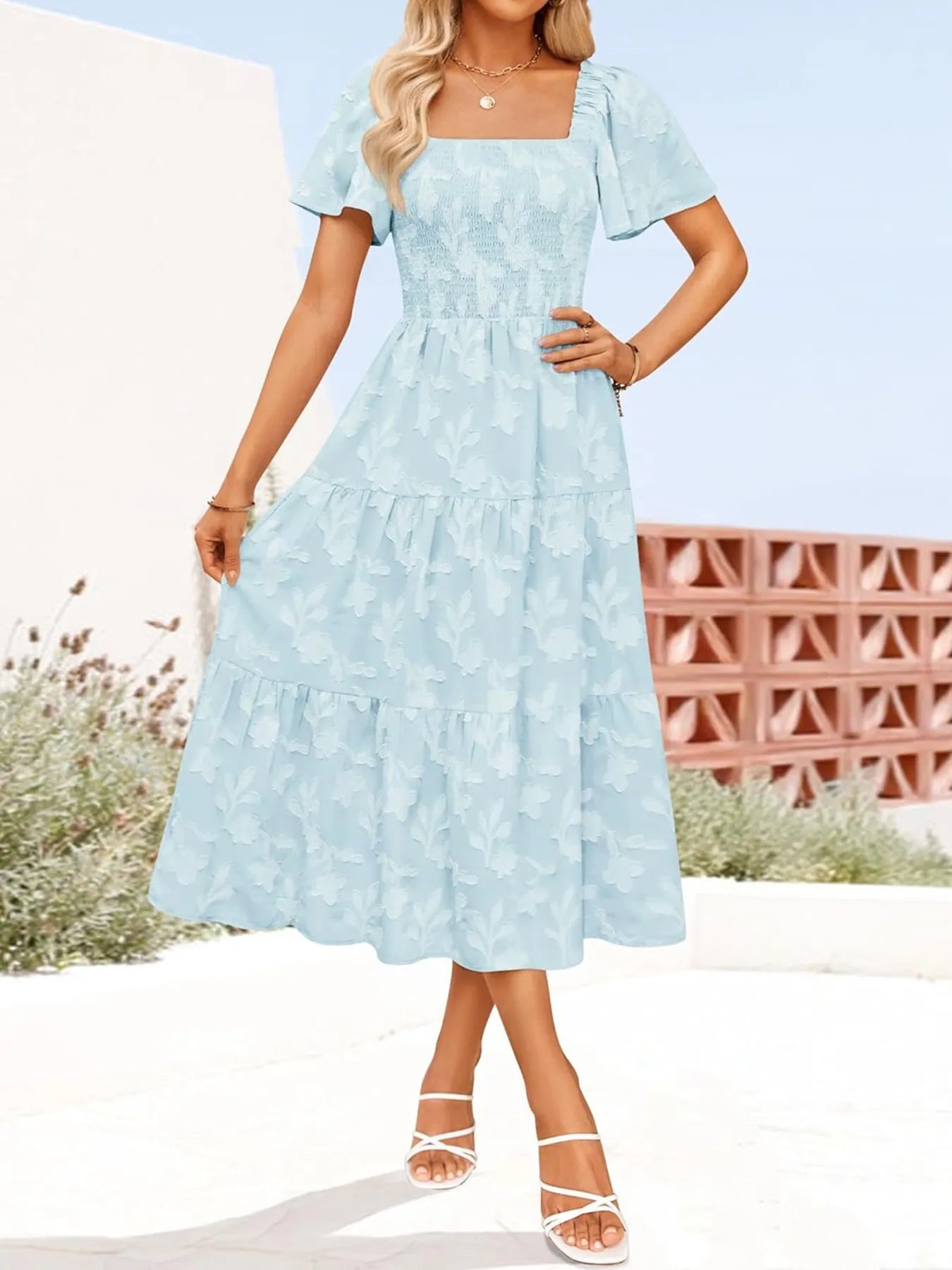 Smocked Square Neck Short Sleeve Dress