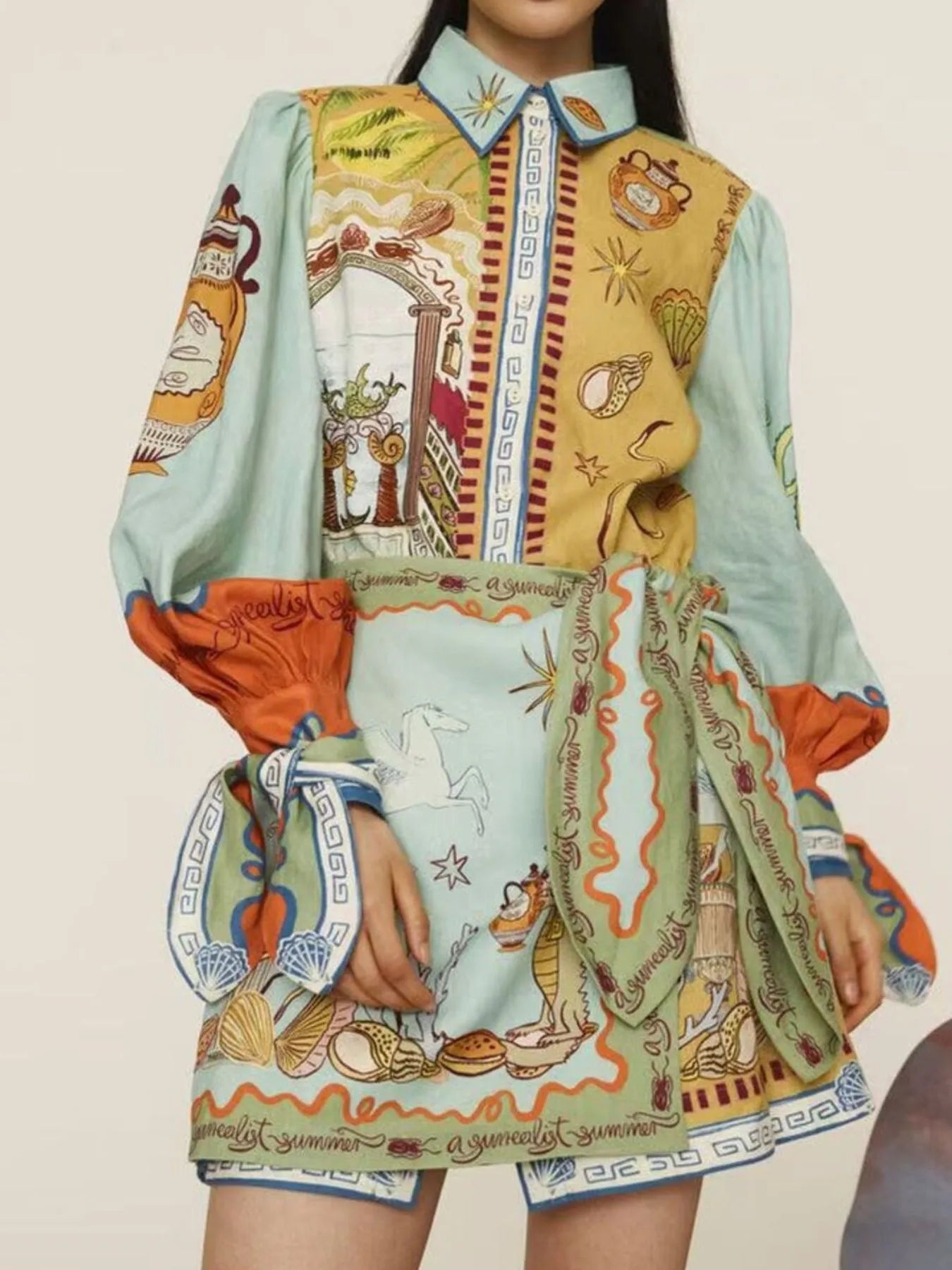 Printed Long Sleeve Shirt Dress