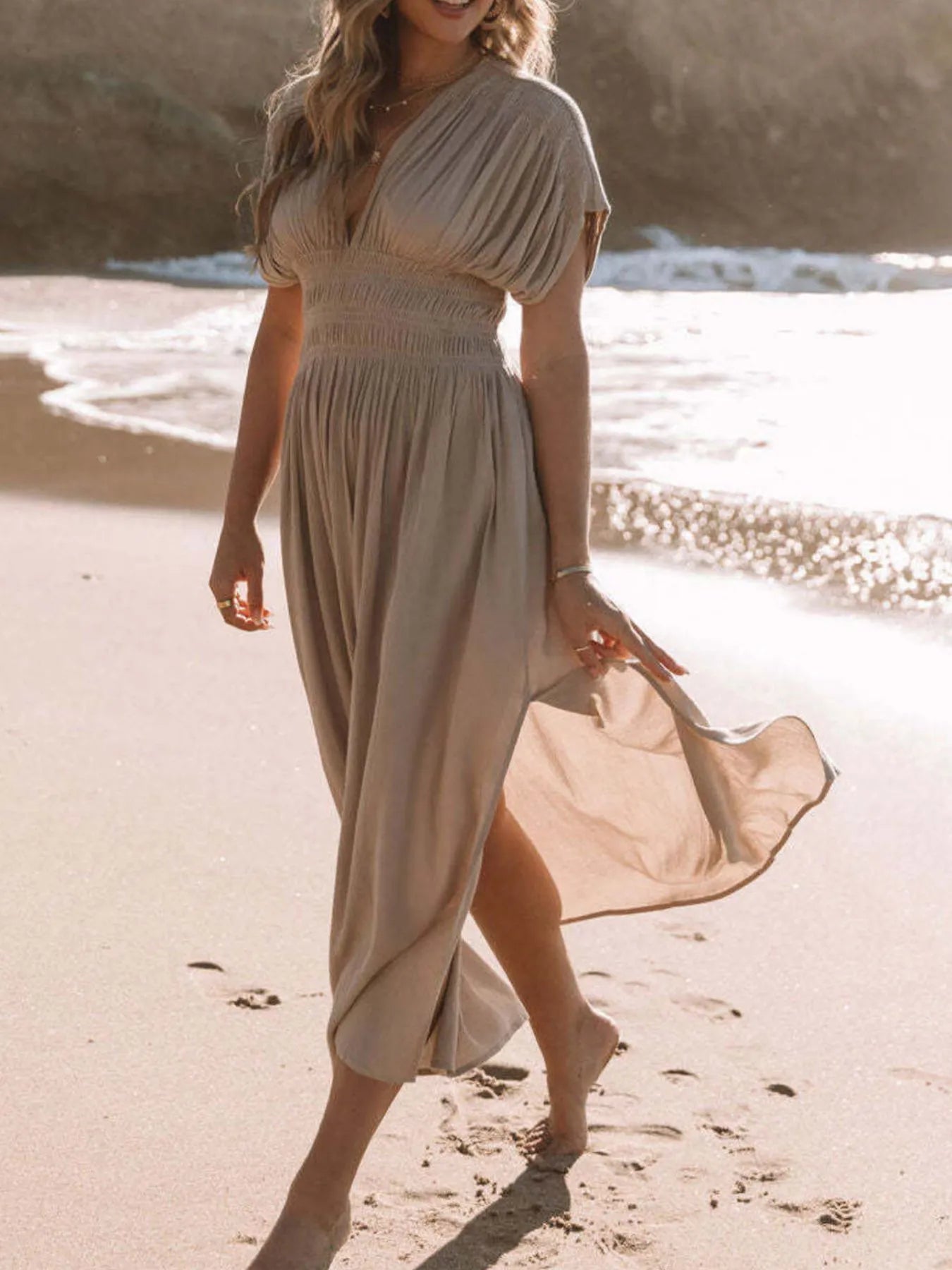 Deep V-Neck Maxi Dress with Side Slit Plus Size