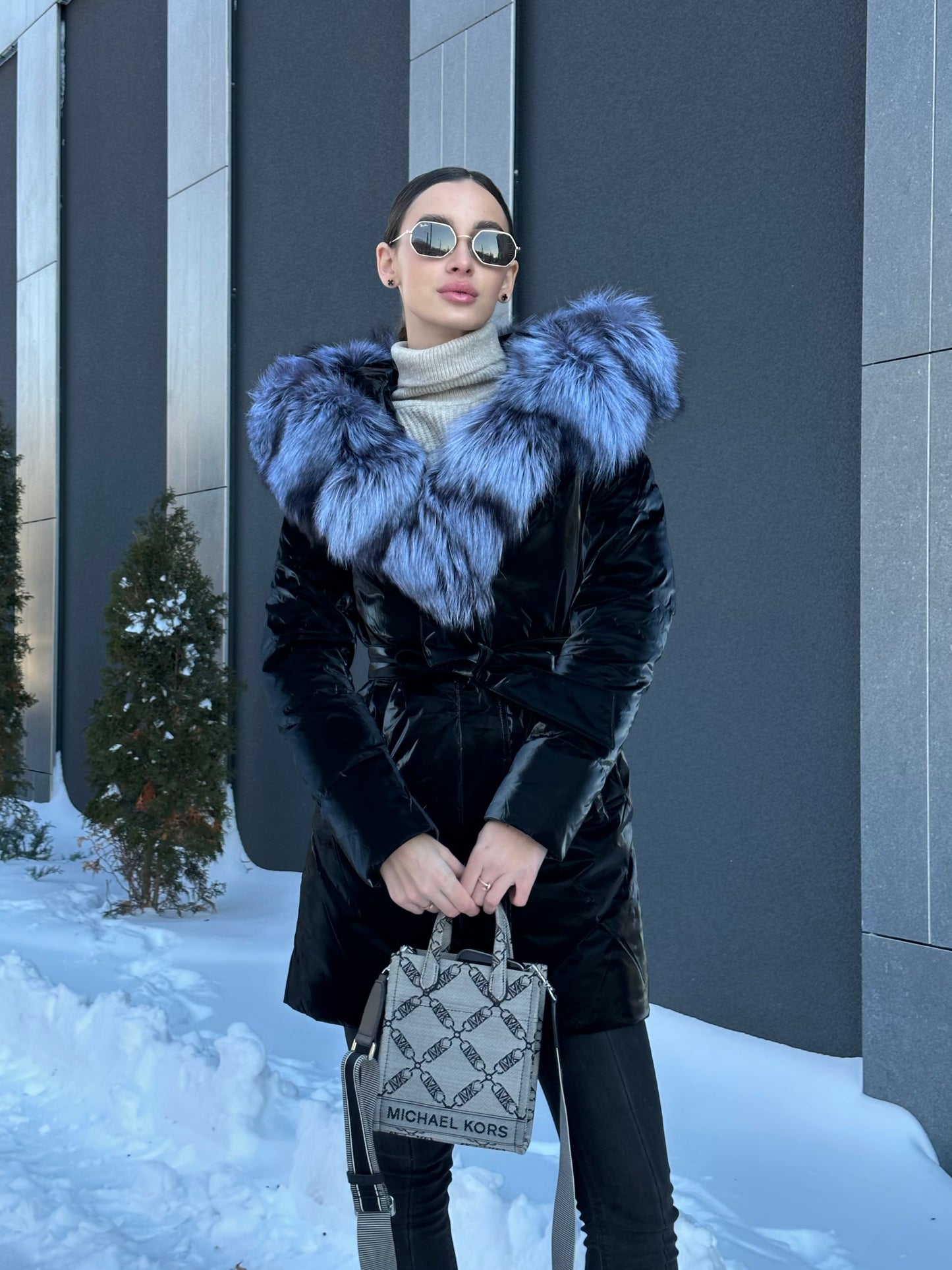 Manteau en duvet et fourrure de renard argenté véritable