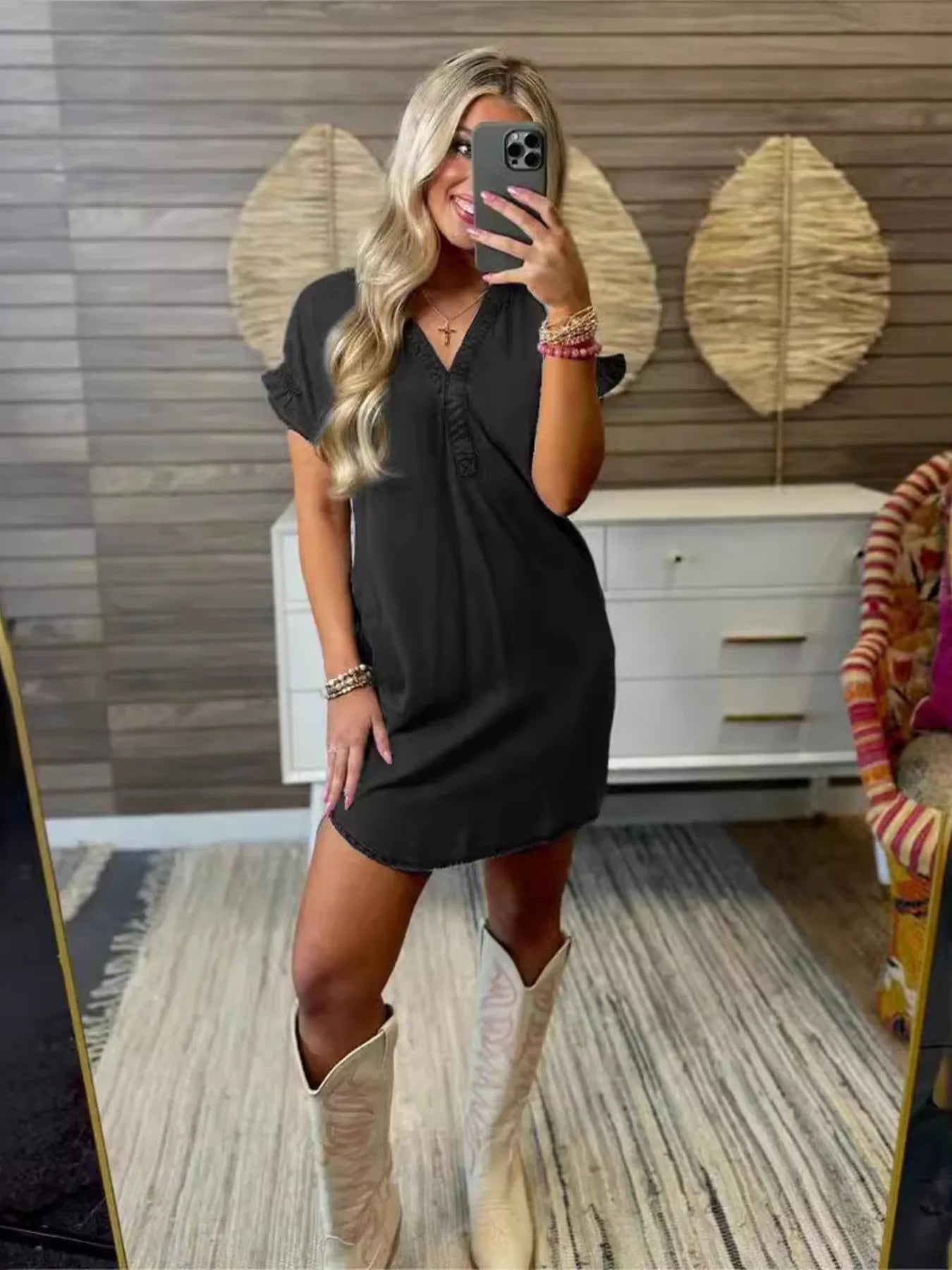 V-Neck Short Sleeve Denim Dress Plus Size