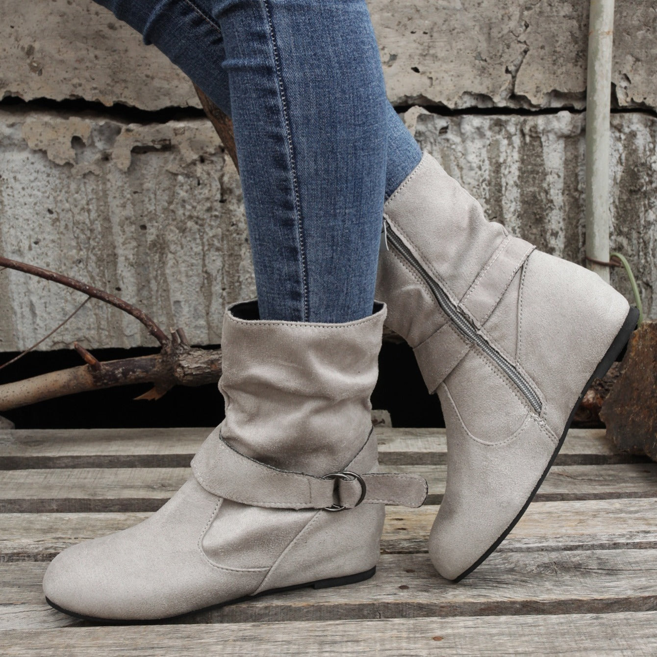 Ankle Boots Round Toe Buckle Belt Side Zipper Boots