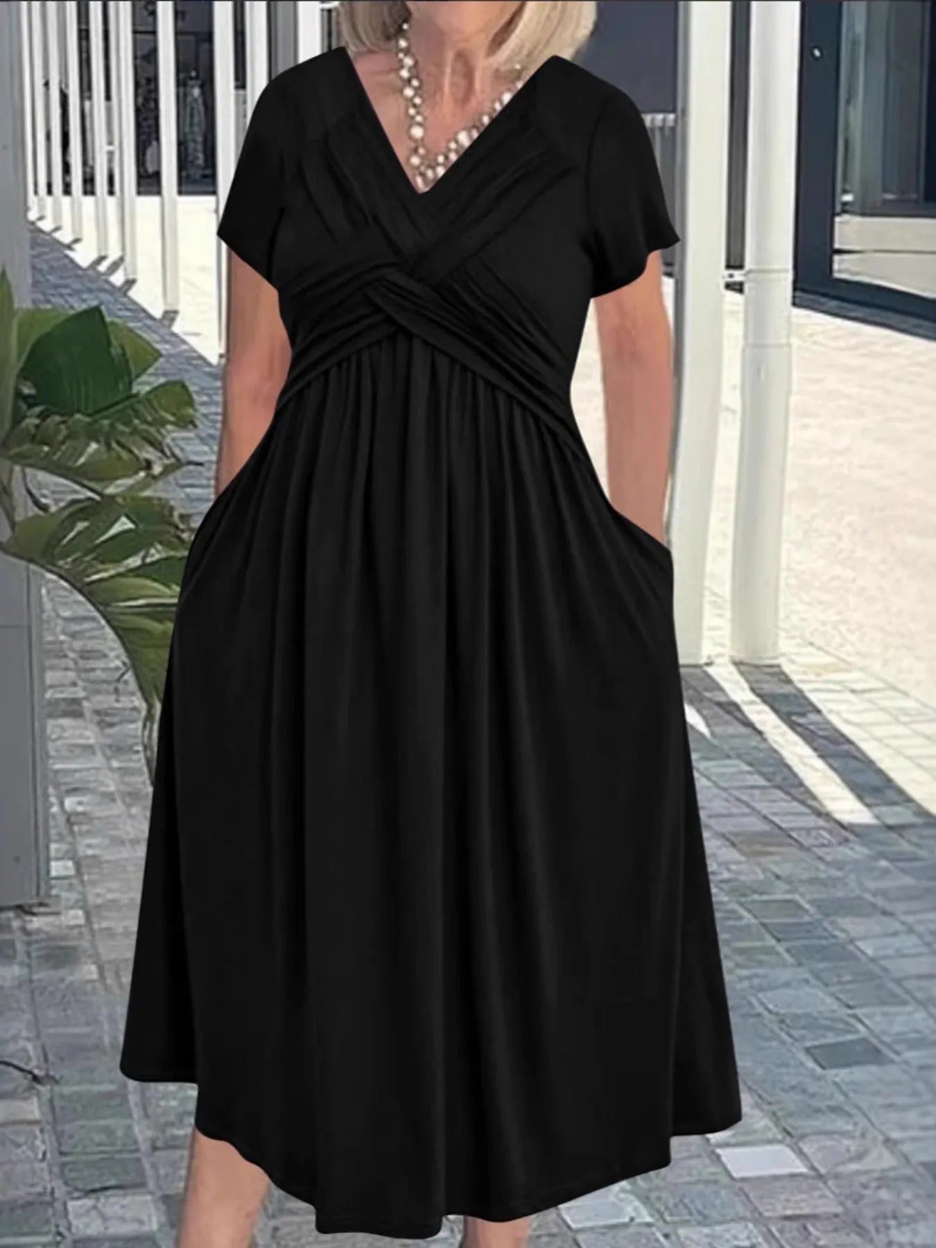 V-Neck Short Sleeve Midi Dress