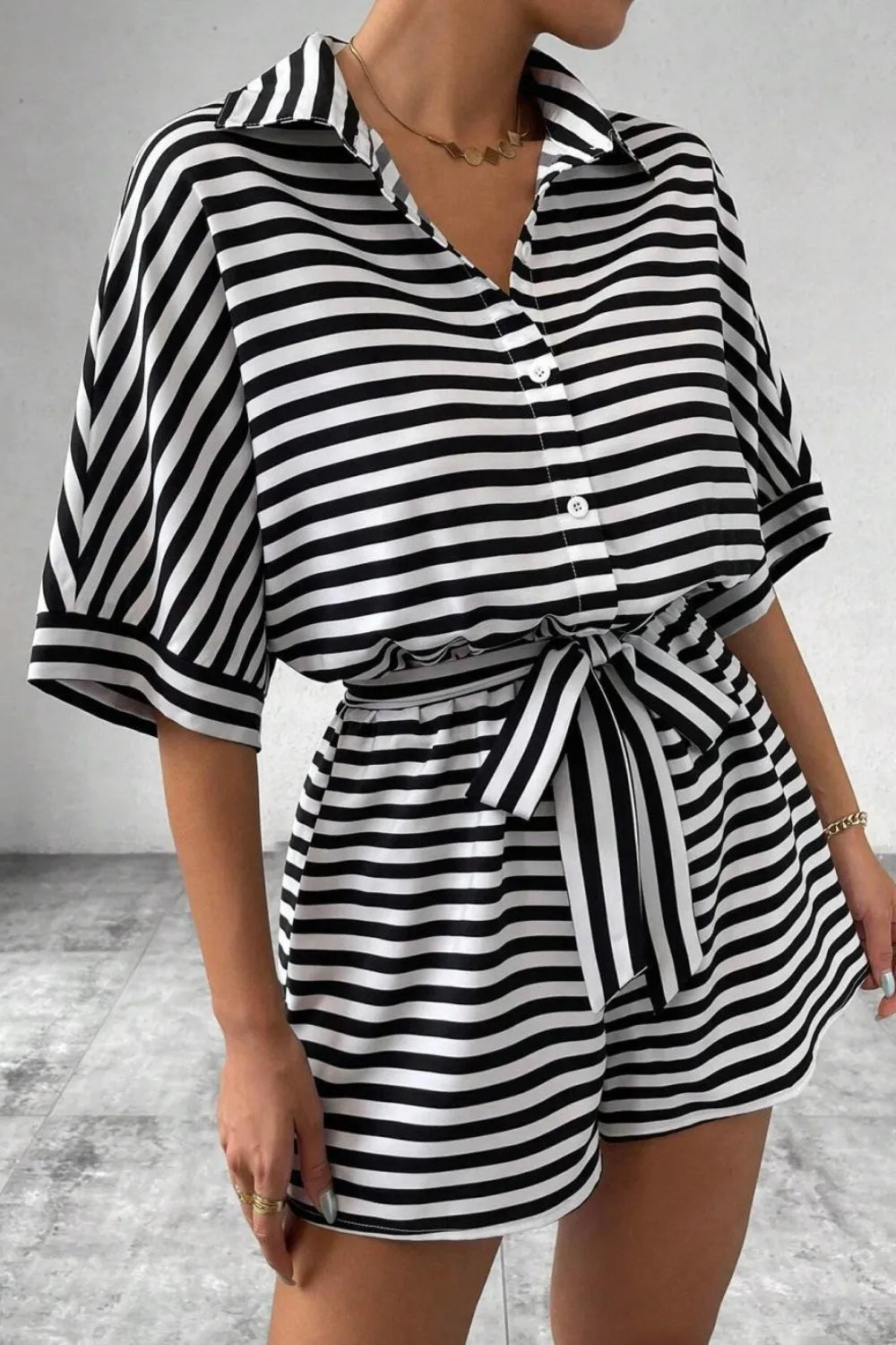 Striped Collared Neck Tie Waist Romper