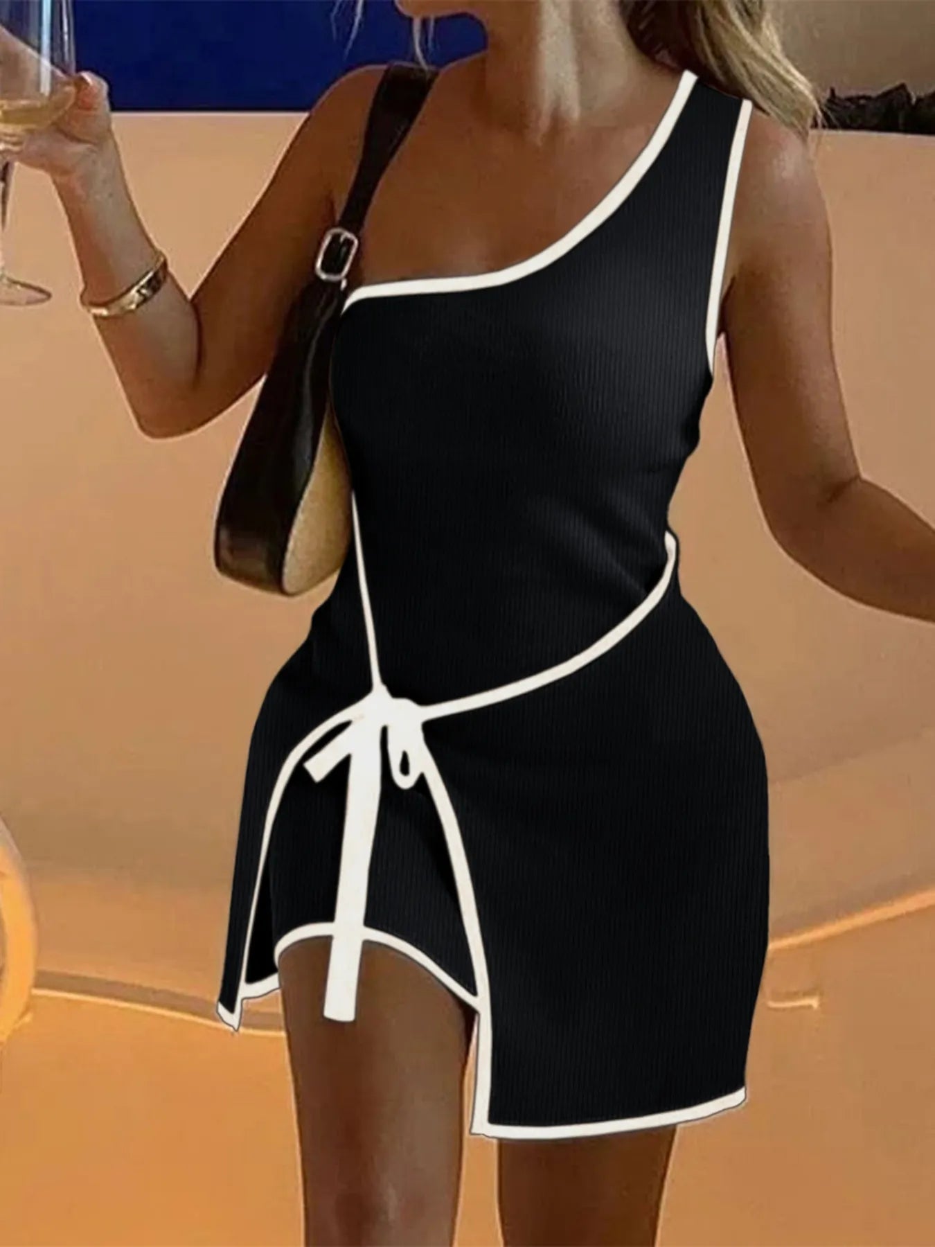 Contrast Trim Single Shoulder Mini Dress