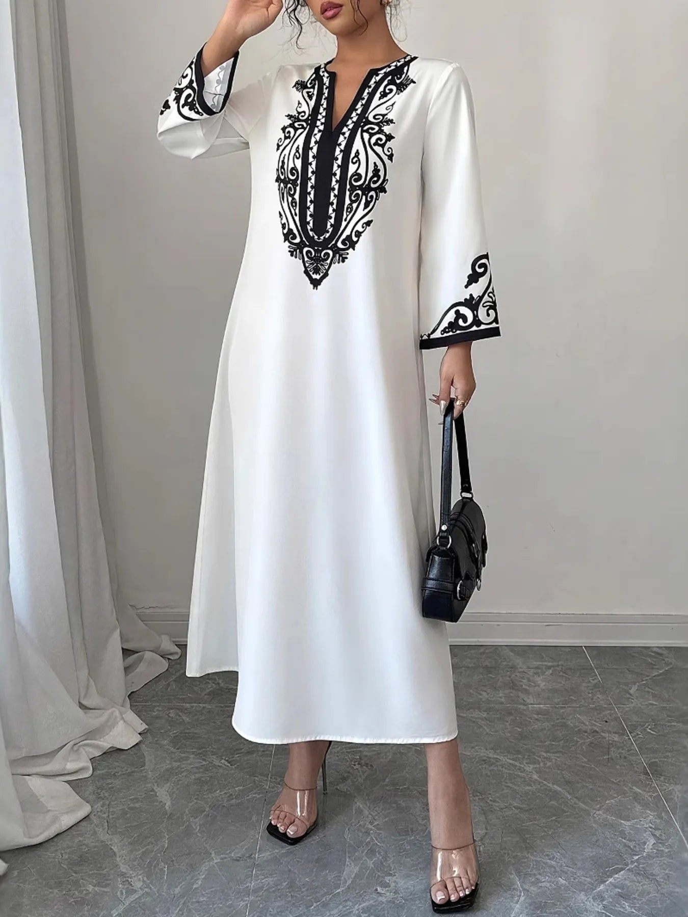 Printed Notched Long Sleeve Midi Dress