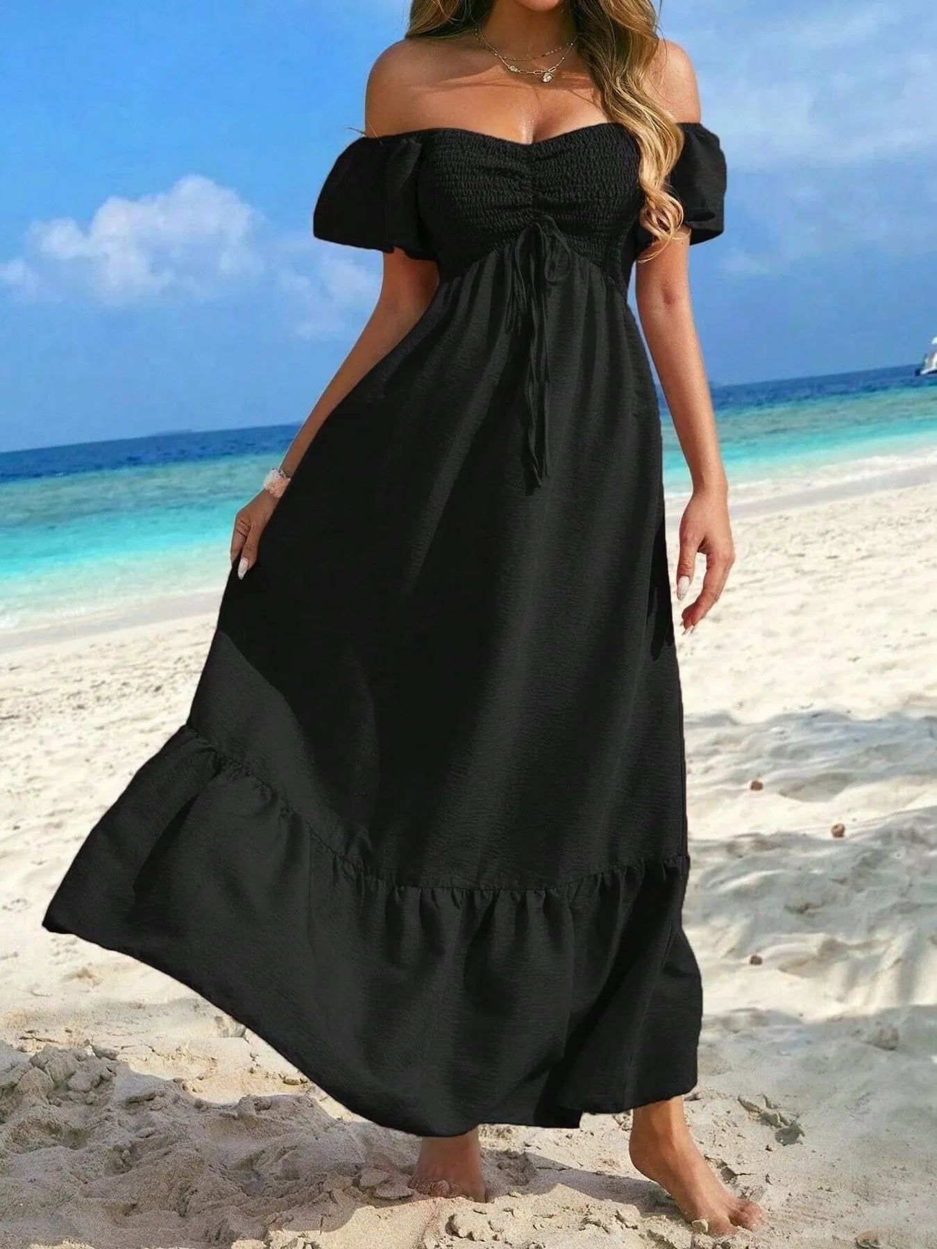 Off-Shoulder Smocked Maxi Dress with Ruffle Hem