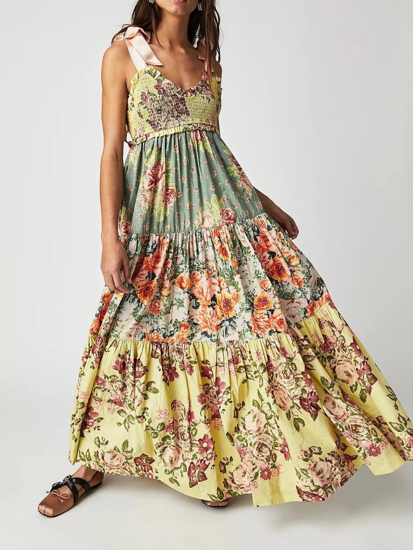 Smocked Printed Tie Shoulder Maxi Dress