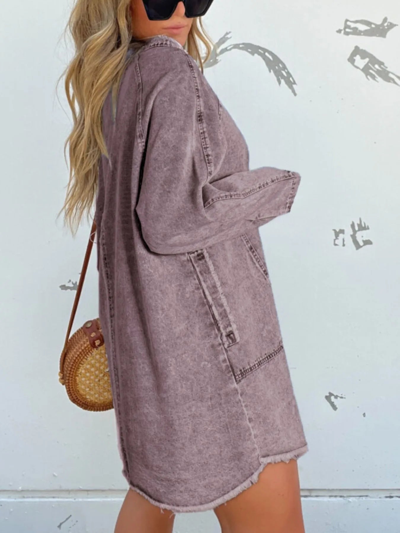 Button-Front Long Sleeve Denim Shirt Dress Plus Size