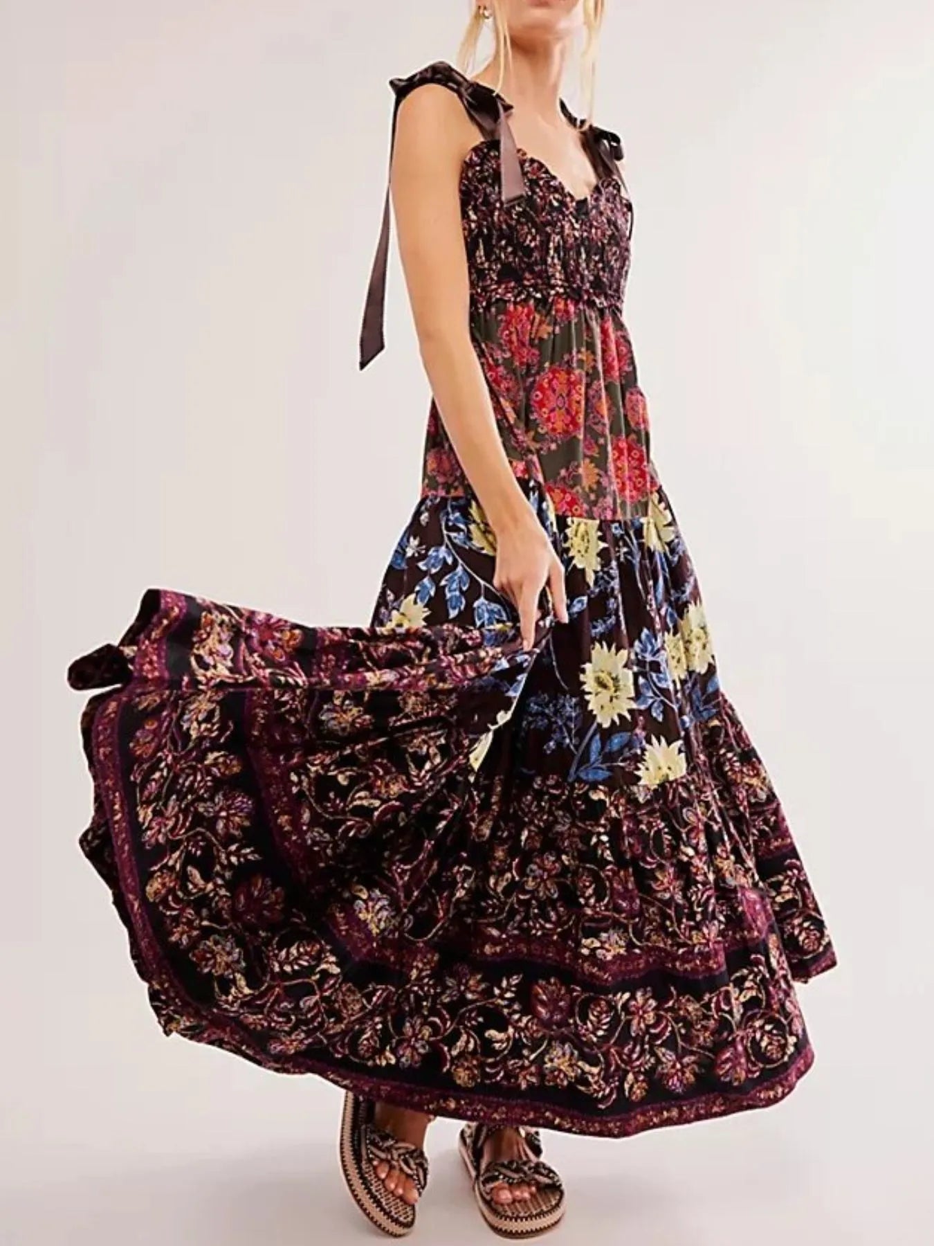 Smocked Printed Tie Shoulder Maxi Dress