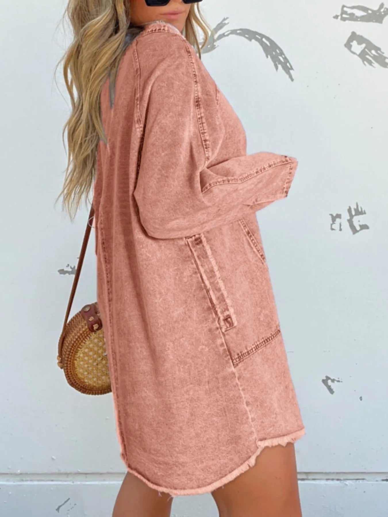 Button-Front Long Sleeve Denim Shirt Dress Plus Size