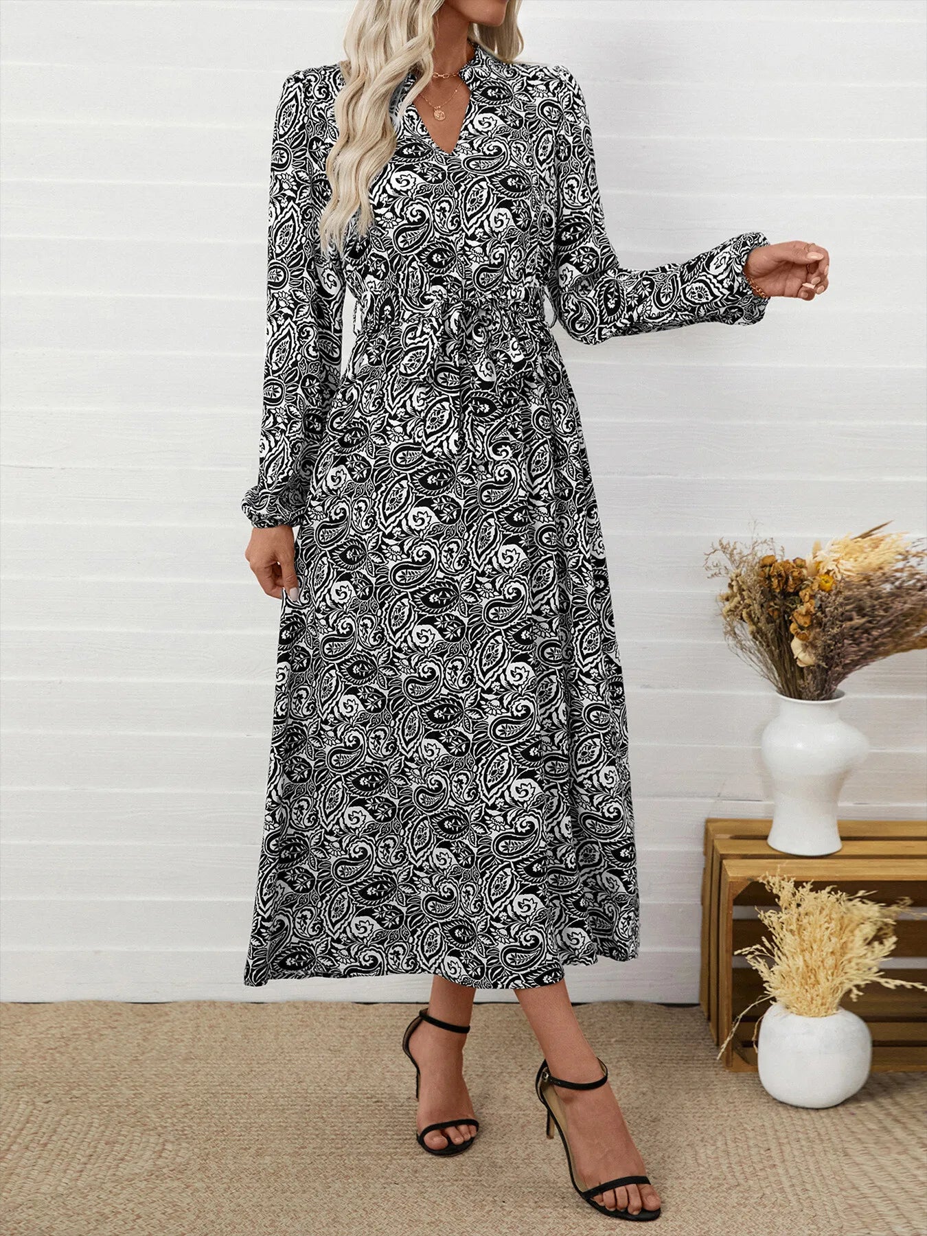 Paisley Print Long Sleeve Midi Dress