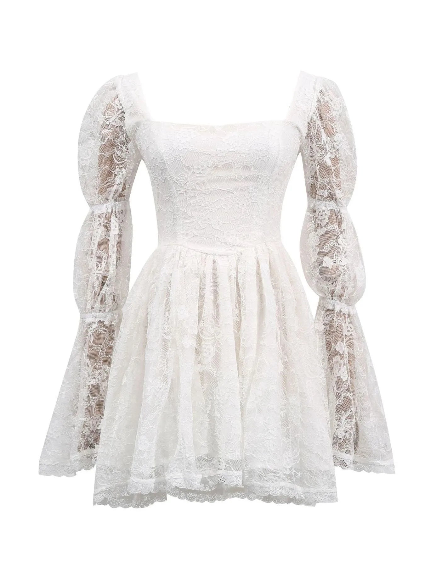 Square Neck Lace Long Sleeve Dress