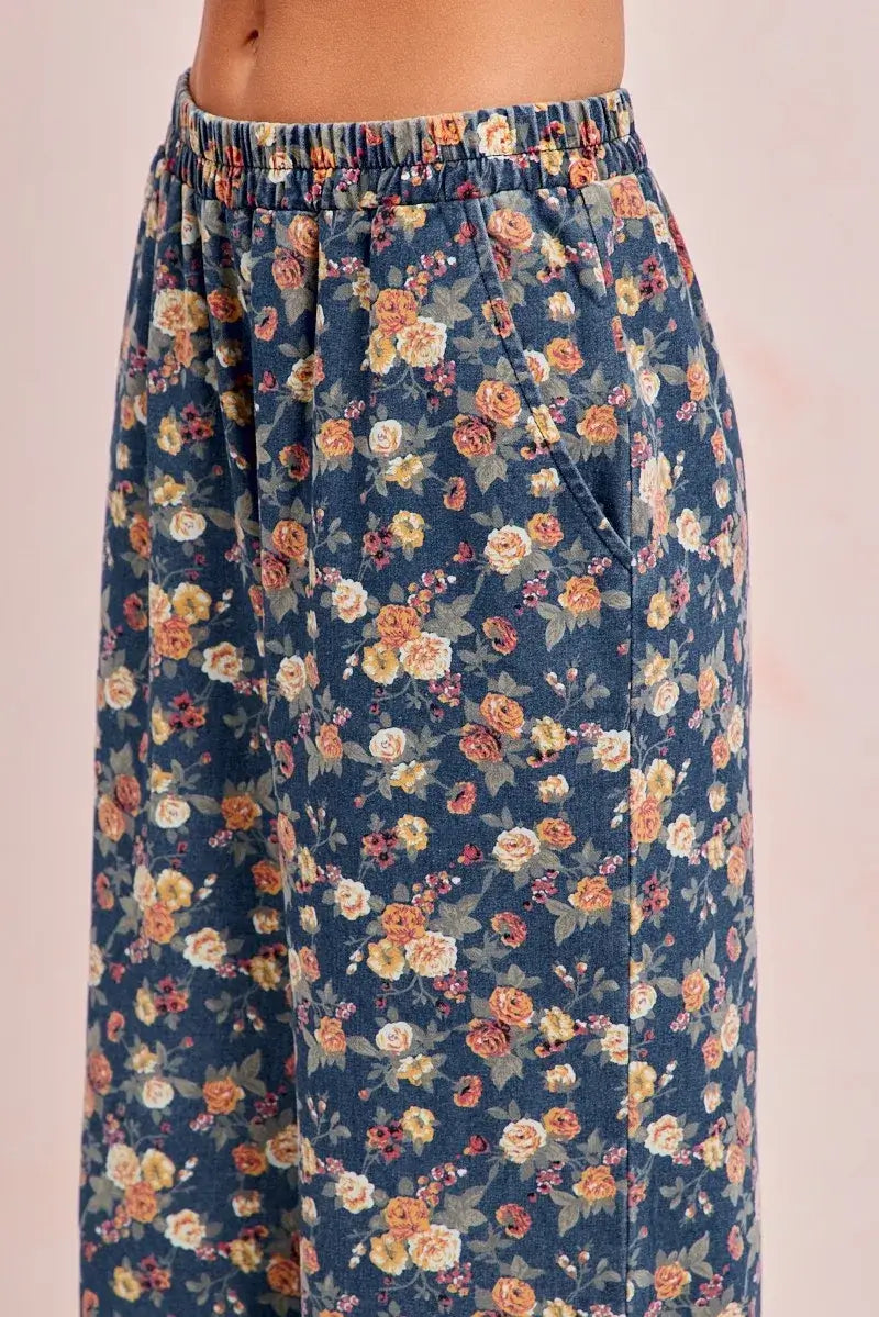 Bibi Washed Floral Print Wide Leg Jean High Waisted