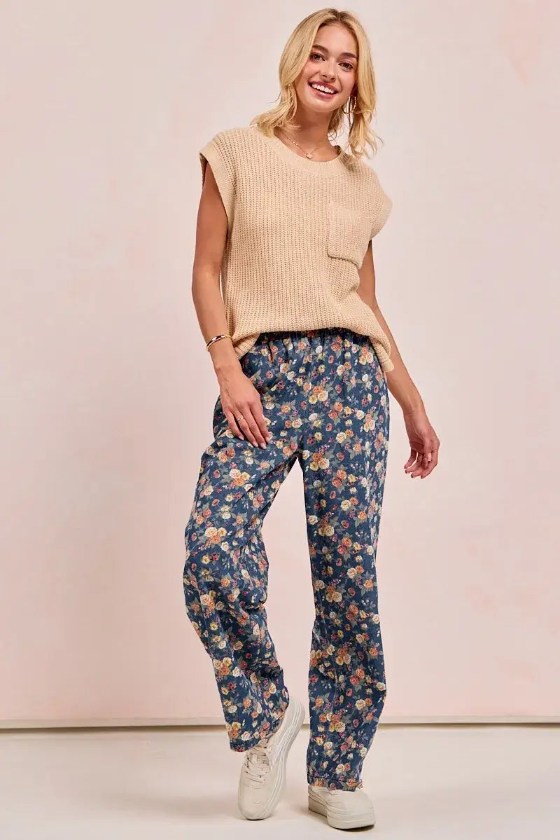 Bibi Washed Floral Print Wide Leg Jean High Waisted