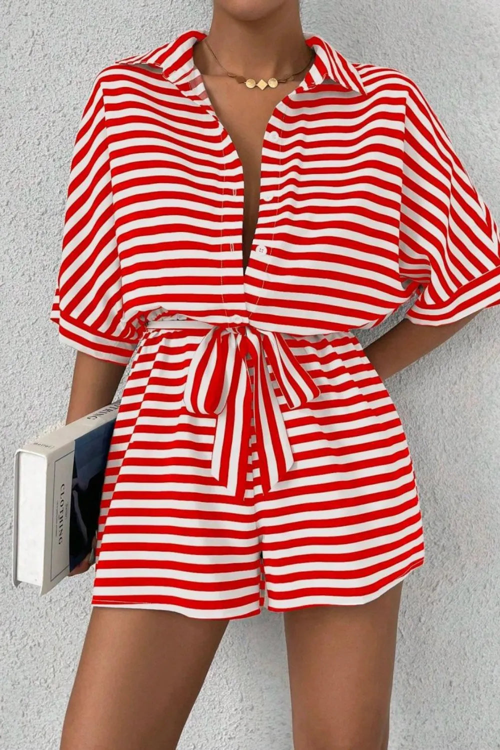 Striped Collared Neck Tie Waist Romper