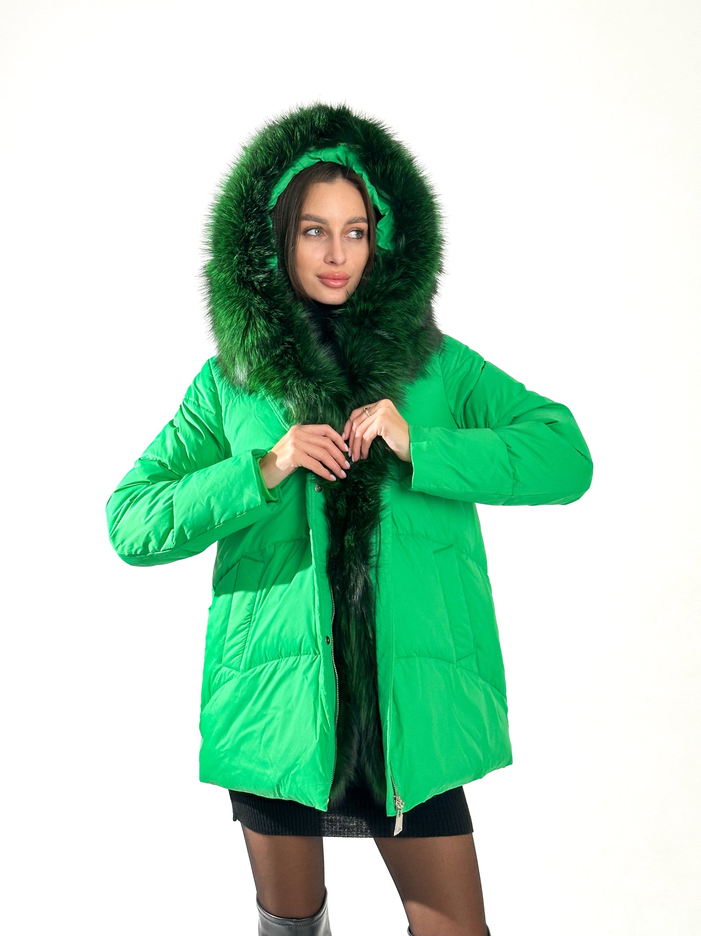 Parka en duvet et fourrure de renard argenté véritable