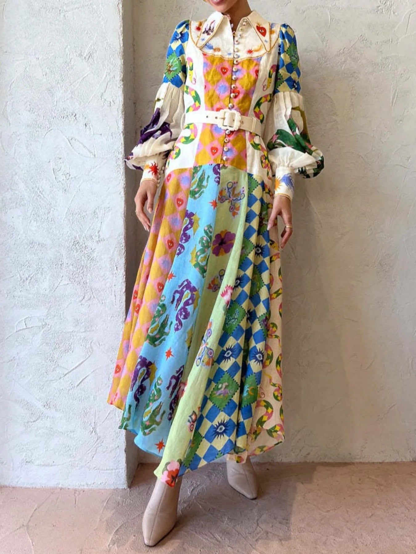 Printed Lantern Sleeve Midi Shirt Dress