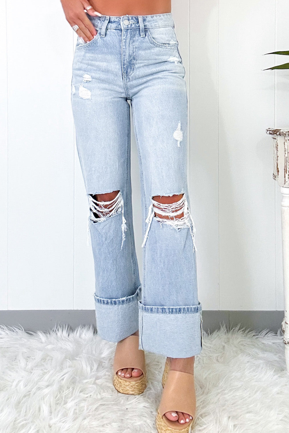 Beau Blue Light Wash Distressed Flare Jeans High Waist