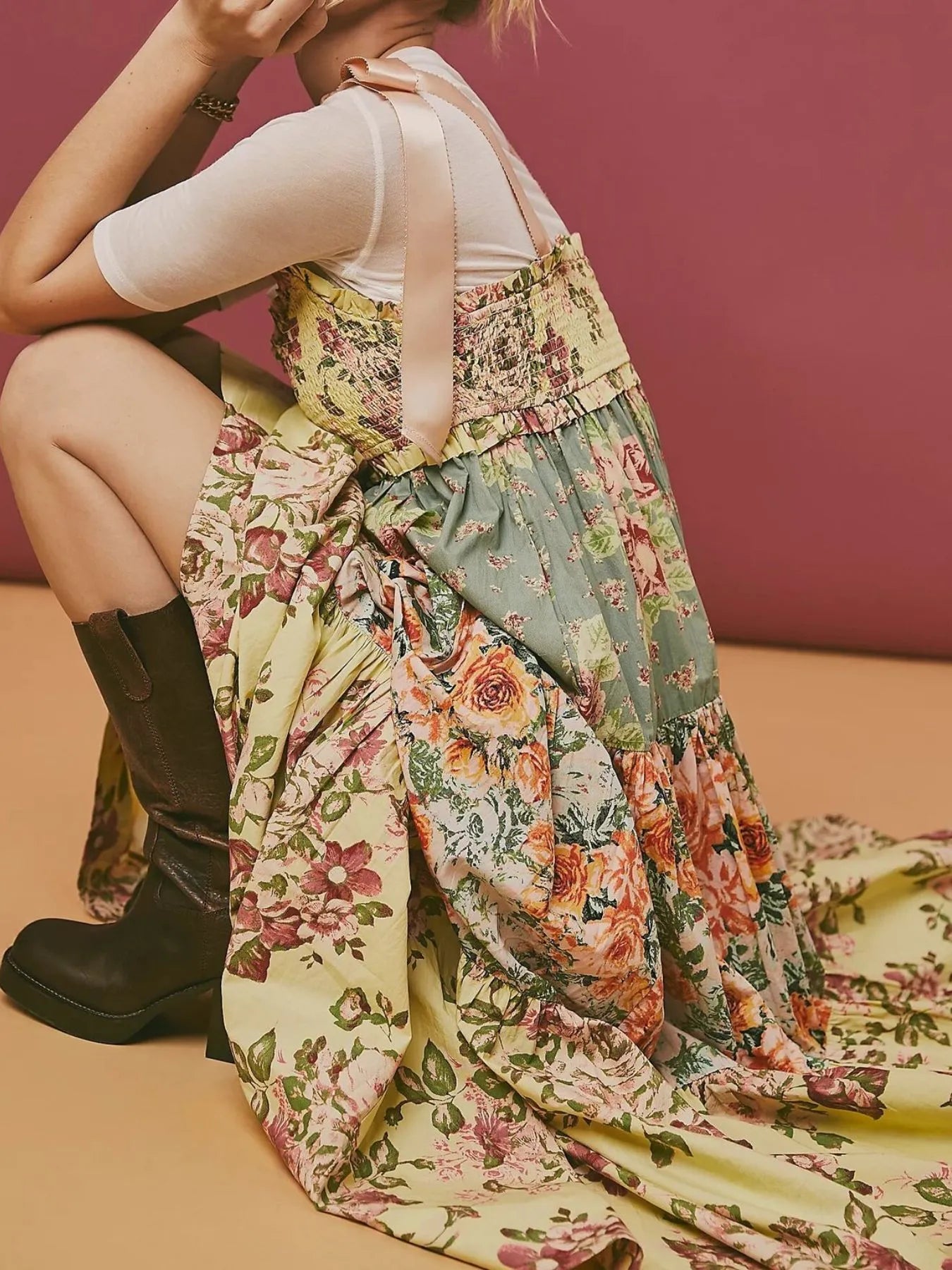 Smocked Printed Tie Shoulder Maxi Dress