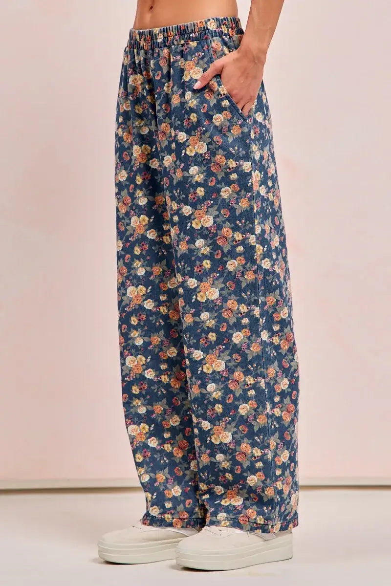 Bibi Washed Floral Print Wide Leg Jean High Waisted