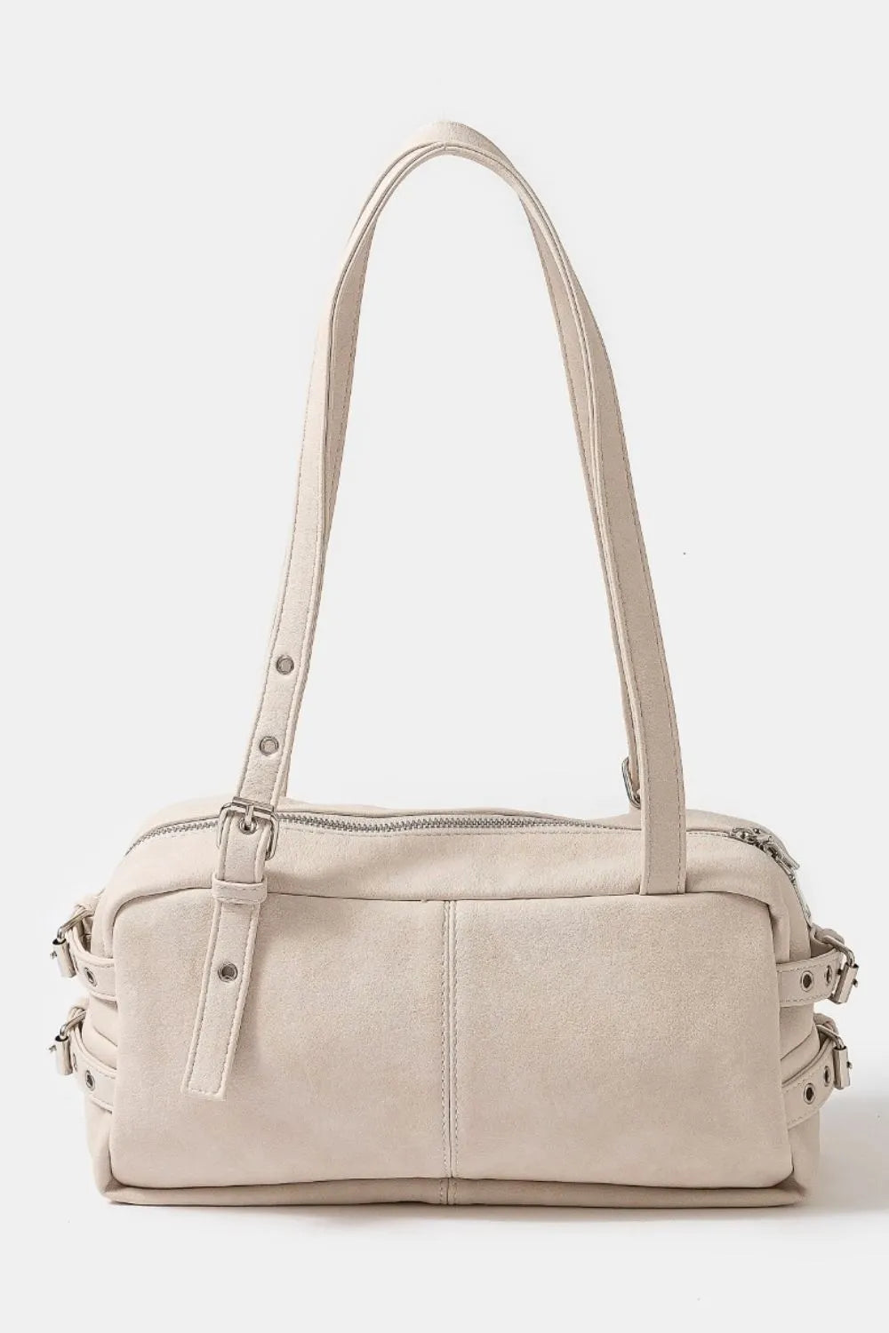 Fame Beige Leather Handbag Grommet Belt Strap Rectangular