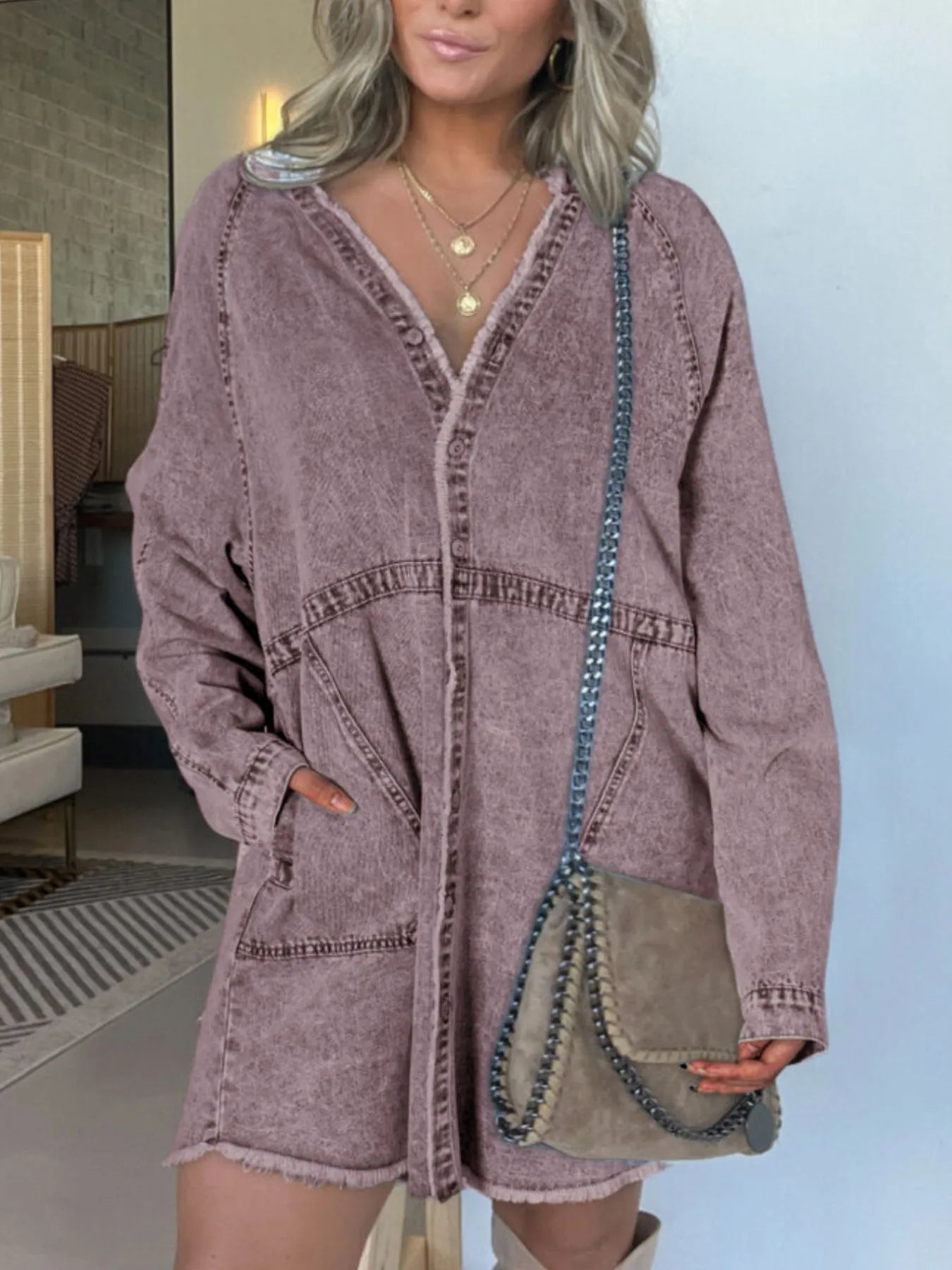 Button-Front Long Sleeve Denim Shirt Dress Plus Size