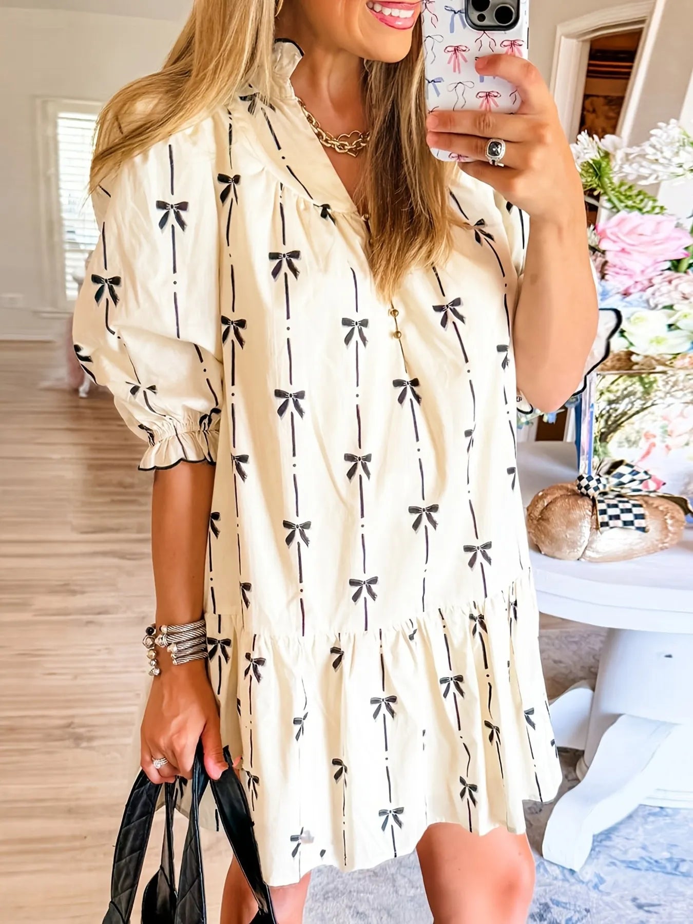 Bow Print Button Front Shirt Dress