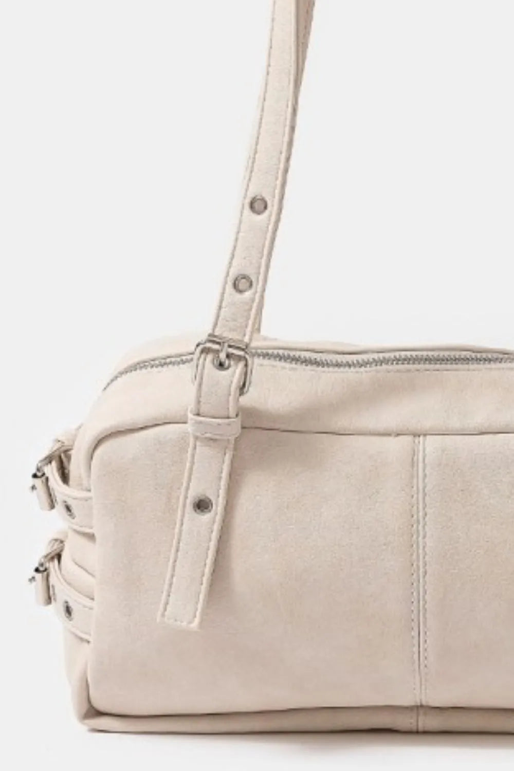 Fame Beige Leather Handbag Grommet Belt Strap Rectangular