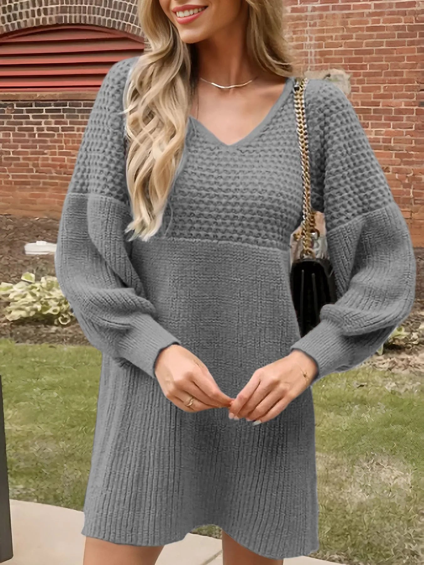 Texture V-Neck Lantern Sleeve Sweater Dress
