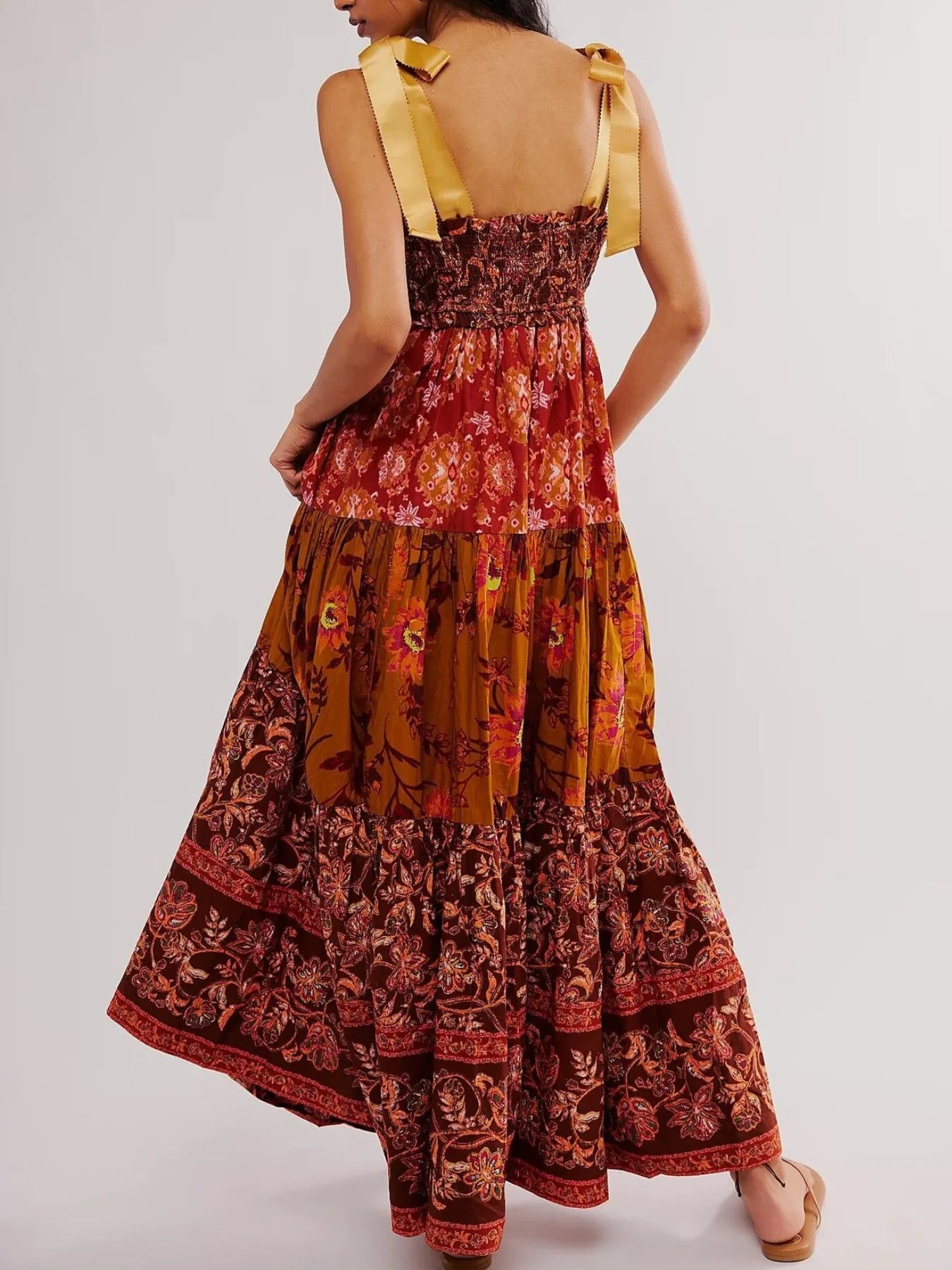 Smocked Printed Tie Shoulder Maxi Dress