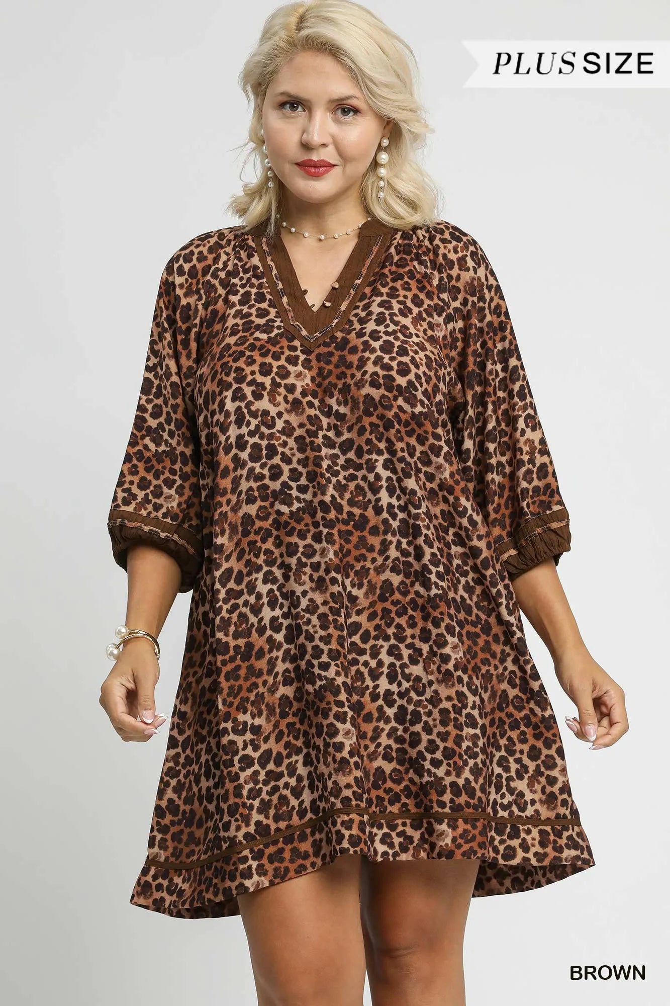 Leopard Print Mini Dress with Contrast Trim Plus Size
