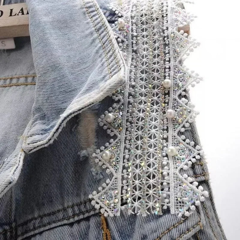 fashion Lace Beaded Denim Vest Women Cardigan 2025 New spring Sleeveless Jacket Fashion Loose Vintage jeans Waistcoat tide R359