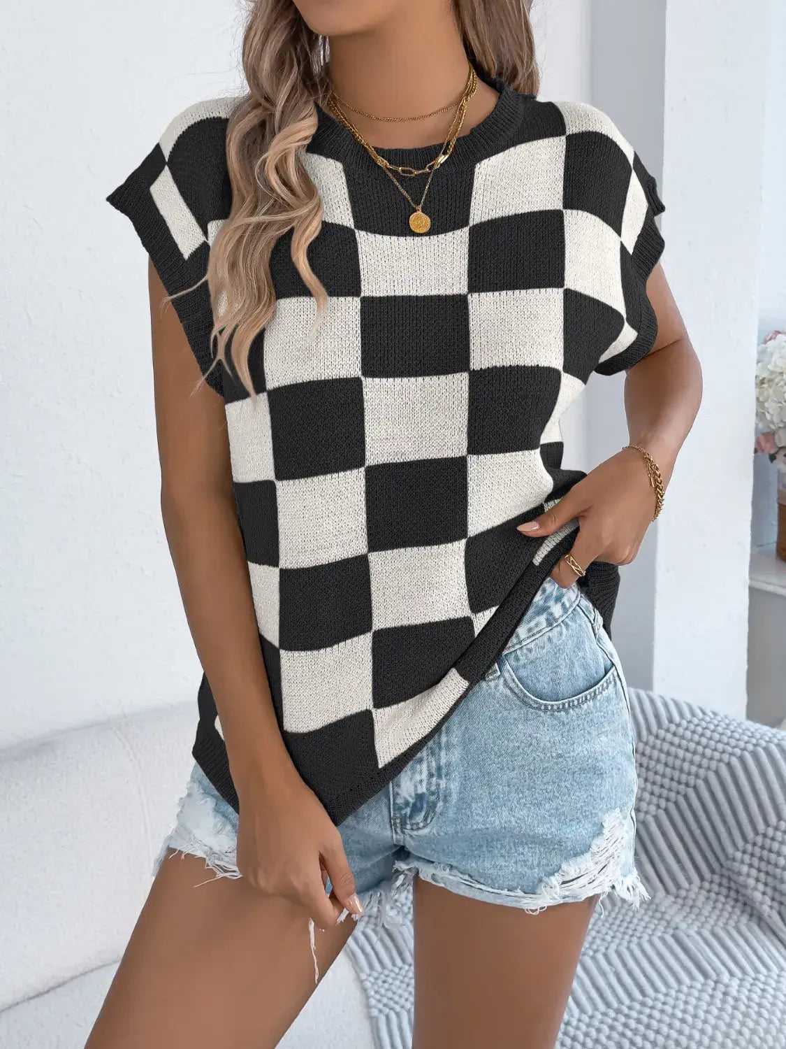 Checkered Round Neck Cap Sleeve Knit Top For Women Casual