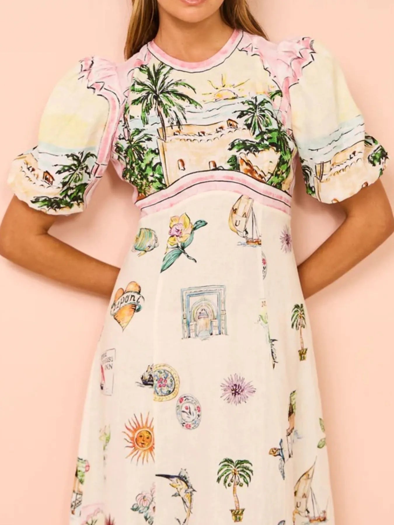 Printed Round Neck Puff Sleeve Midi Dress