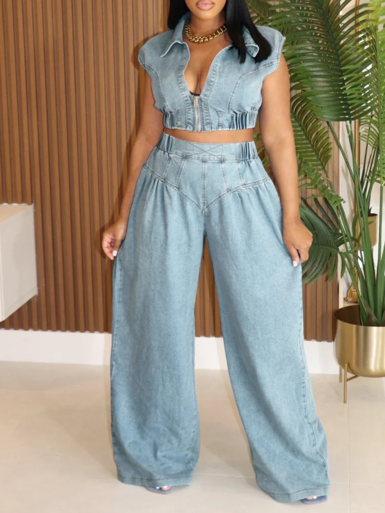 Sister Star Women's Summer Comfortable Casual Solid Color Sleeveless Jeans Set Loose Long Straight Pants Two Pieces