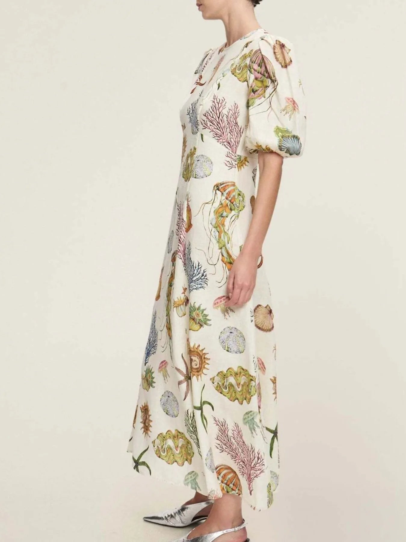 Printed Round Neck Puff Sleeve Dress